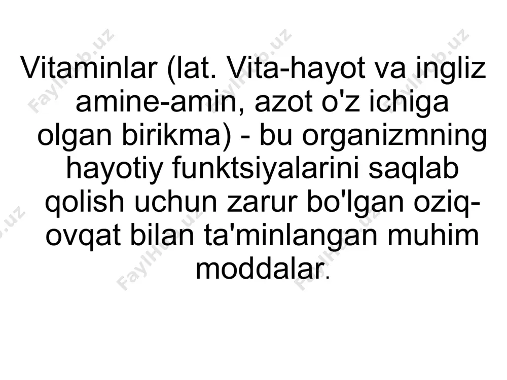 ti-seroftalmik. kundalik ehtiyoj - 1,5 mg. asosiy manbai: jigar yog'i, qoramol jigari, sut mahsulotlari, sabzi va boshqalarda mavjud. o'rik, maydanoz barglari va sabzi tarkibida a vitaminining kashshofi – inson tanasida vitaminga aylanadigan karotin mavjud, a gipovitaminozida rivojlanadi: “shap ko'rlik": - odam qorong'ida ko'rmaydi (ko'zning to'r pardasida vizual pigment sintezi buziladi); - teri va shilliq pardalar ta'sir qiladi: quruqlik, yallig'lanish o'zgarishi, bu sistit, dermatit, ko'zning shox pardasining yallig'lanishi bilan namoyon bo'ladi. d vitamini ergokalsiferol, antirahitik. katta odamning kunlik ehtiyoji 5-10 mkg, chaqaloqlar – 10-25 mkg. tuxum sarig'i, baliq yog'i, sut mahsulotlarida mavjud. d vitamini terida quyosh nurlarining ultrabinafsha nurlari ta'sirida hosil bo'ladi. gipovitaminoz d bilan bolalarda raxit rivojlanadi (suyaklarning bo'shashishi, ularning deformatsiyasi, liqildoqning kech yopilishi bilan tavsiflanadi). k vitamini-vikasol, antigemorragik. katta ichak mikroflorasi tomonidan sintezlanadi. kundalik ehtiyoj: 0,2-0,3 mg. asosiy manbalar: yashil sabzavotlar, qichitqi o't barglari, pomidor, hayvonlarning jigari. k vitamin etishmasligi bilan qon ivishi buziladi, teri osti va mushak ichiga …