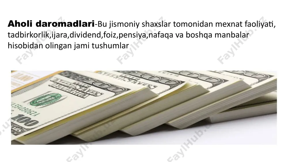 assiv daromadlarni olish uchun dastlab bir marta yoki oz miqdorda mehnat qilish kerak bo’lishi mumkin, lekin so’ngra bu daromadlar shaxsning qo’shimcha ishtirokisiz yoki minimal ishtirok bilan davom etadi. 1. kuchli tomonlar– aholi daromadlariga ijobiy ta’sir qiluvchi omillar ✅ ish haqi oshib bormoqda – ko‘pgina sohalarda ish haqlari oshirilmoqda, bu esa odamlarning daromadini ko‘paytiradi. ✅ tadbirkorlik uchun imkoniyatlar mavjud – davlat kichik biznes va tadbirkorlarni qo‘llab-quvvatlamoqda. imtiyozli kreditlar va grantlar berilmoqda. ✅ chet eldan pul jo‘natmalari – chet elda ishlayotgan yurtdoshlarimiz oilalariga pul jo‘natadi. bu ko‘pchilik oilalar uchun katta daromad manbai. ✅ yangi ish o‘rinlari yaratilmoqda – yangi zavodlar, fabrikalar va xizmat ko‘rsatish sohalari ish o‘rinlarini oshirmoqda. 2. zaif tomonlar– aholi daromadlarini kamaytiruvchi omillar ❌ ko‘plab odamlar norasmiy ishlaydi – ishchilarning aksariyati rasmiy ro‘yxatga olinmagan, shuning uchun pensiya va boshqa ijtimoiy himoyalardan foydalana olmaydi. ❌ shahar va qishloq o‘rtasidagi daromad farqi – shahar aholisi ko‘proq pul topadi, lekin qishloqlarda daromad manbalari …