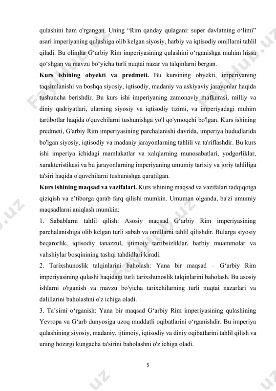 qulashi oldidagi vaziyatlar siyosiy beqarorlik, hokimiyat uchun kurash, o'zboshimchalik va ichki nizolar bilan tavsiflangan. vorislik masalasi va imperator hokimiyatining zaifligi hokimiyat bo'shlig'ini yuzaga keltirdi va undan raqib hukmdorlar va guruhlar tomonidan foydalanildi va markaziy hukumatni yanada zaiflashtirdi. shu bilan birga, imperiya iqtisodiy tanazzulni boshdan kechirdi, bu inflyatsiya, soliq yuklarining ko'tarilishi, qishloq xo'jaligi ishlab chiqarishining pasayishi kabi omillar ta'sirida keskinlashdi. bu aholi turmush sharoitining yomonlashishiga va davlat yordamiga qaramlikning kuchayishiga olib keldi[footnoteref:1]. ijtimoiy tartibsizliklar va norozilik g'alayonlar, tartibsizliklar va vatanparvarlik va jamoat ruhi kabi an'anaviy rim qadriyatlarini yo'qotish shaklida namoyon bo'ldi. boy elita va kambag'al tabaqalar o'rtasidagi bo'linish shaharlar vayronagarchilikka uchragani va imperiyaning ijtimoiy tuzilishi yemirilishi bilan chuqurlashdi. shu bilan birga, rim harbiylari tobora kuchayib borayotgan tashqi tahdidlarga duch keldi, chunki vahshiy qabilalar va boshqa dushman kuchlar imperiya chegaralariga tahdid solib, uning mudofaa qobiliyatini shubha ostiga qo'yishdi[footnoteref:2]. g'arbiy rim imperiyasining qulashi oldidagi vaziyatlar imperiya poydevorini silkitgan turli xil ichki va tashqi …