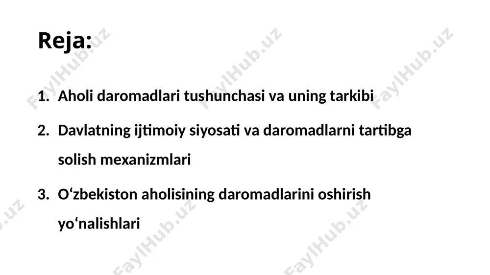 i mumkin, shuning uchun davlatning maqsadi daromadlarning teng taqsimlanishini ta’minlash, ijtimoiy adolatni saqlash va fuqarolarni iqtisodiy jihatdan qo‘llab-quvvatlashdir. daromadlar taqsimotini o‘zgartirishda soliqlar, nafaqa va pensiya tizimlari, ijtimoiy yordam dasturlari va boshqa iqtisodiy siyosat vositalari muhim rol o‘ynaydi. aholi daromadlarining tarkibiy tuzilishi o‘zgarib borishi mumkin, ayniqsa iqtisodiy inqirozlar, ijtimoiy islohotlar, iqtisodiy o‘sish va boshqa omillar ta’siri ostida. daromadlarning qanday taqsimlanishi, jamiyatdagi iqtisodiy tengsizliklarni kamaytirish va barqaror o‘sishni ta’minlashga yordam beradi. klassifikator 2017 2018 2019 2020 2021 2022 2023 2024 o‘zbekiston respublikasi 126 125,8 121,6 113,1 124,9 121,6 115,4 118,5 aholi umumiy daromadlarining o‘sish sur’ati davlatning ijtimoiy siyosati — bu davlatning aholi turli qatlamlarining ijtimoiy ehtiyojlarini qondirish, iqtisodiy, ijtimoiy va madaniy taraqqiyotning barqarorligini ta’minlash uchun amalga oshiradigan faoliyatidir. ijtimoiy siyosatning asosiy maqsadi aholining turmush sharoitlarini yaxshilash, ijtimoiy adolatni ta’minlash va jamiyatning barcha a’zolariga teng imkoniyatlar yaratishdan iborat. bu siyosat, asosan, ta’lim, sog‘liqni saqlash, ish bilan ta’minlash, pensiya tizimi, ijtimoiy yordamlar va boshqa …