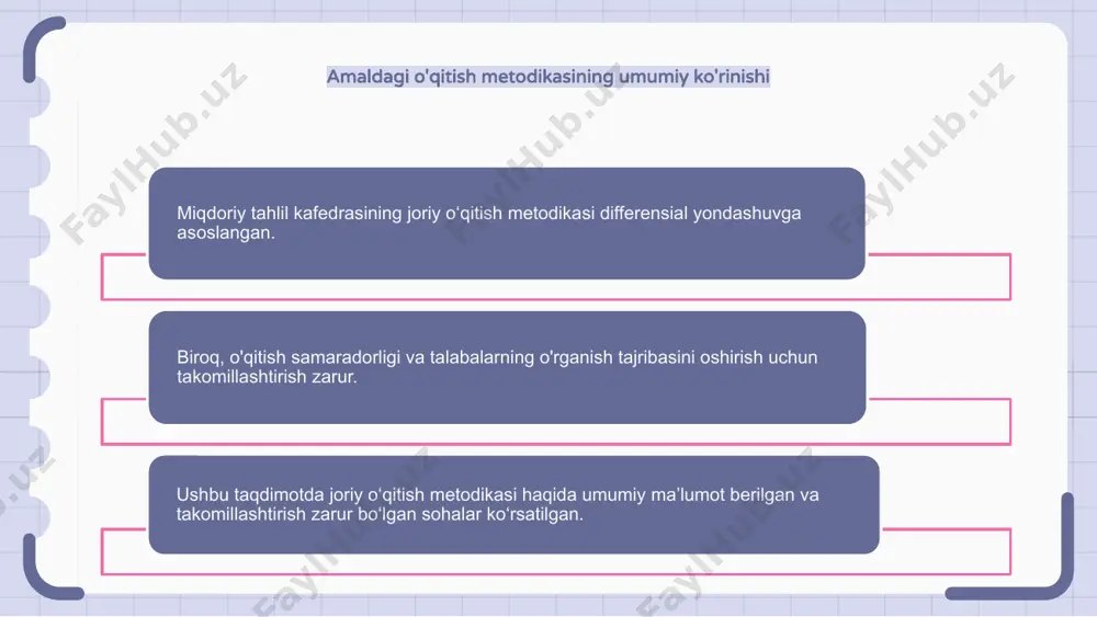afzalliklariga moslashtirish orqali kafedra ularga miqdoriy tahlil ishlarida yaxshi natijalarga erishishga yordam beradi. differensial yondashuv samaradorligini o'lchash differensial yondashuvni amalga oshirish orqali miqdoriy tahlil kafedrasini o‘qitish metodikasi takomillashtirilmoqda. ushbu yondashuv yangi o'qitish usulining samaradorligini va uning talabalarning bilim olish natijalariga ta'sirini o'lchashga qaratilgan. ushbu yondashuv orqali bo'lim ma'lumotlarni to'playdi va natijalarni tahlil qiladi va yaxshilanishi kerak bo'lgan yo'nalishlarni aniqlaydi va zarur tuzatishlar kiritadi. o'qitish metodikasida texnologiyani joriy etish miqdoriy tahlil kafedrasini o‘qitish metodikasi texnologiyani joriy etish va differentsial yondashuvni qo‘llash orqali takomillashtirilishi mumkin. bu talabalarning o'rganish va faolligini oshiradi. texnologiyadan interaktiv o'rganish tajribasini osonlashtirish uchun foydalanish mumkin, masalan, ta'lim ilovalari va onlayn simulyatsiyalar yordamida. bu mavhum tushunchalarni o'quvchilar uchun tushunarliroq va osonroq qilish imkonini beradi. differentsial yondashuvni qo'llash orqali o'qituvchilar o'zlarining o'qitish usullarini o'quvchilarning individual ehtiyojlari va o'rganish uslublariga moslashtirishlari mumkin. ushbu shaxsiylashtirilgan yondashuv ta'limning yaxshi natijalariga va samaraliroq o'qitish metodologiyasiga olib kelishi mumkin. 1 2 3 samarali o'qitish uchun …