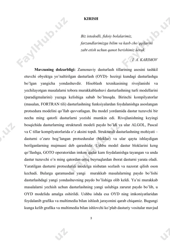 bo’lgan multimediali elektron o’quv adabiyotlar, animatsiya, ovoz va video fayllar bilan ishlovchi mukammal dasturlar. tadqiqotning ilmiy ahamiyati: −mavzu bo’yicha ilmiy-uslubiy, nazariy adabiyotlarni o’rganish; − ta’lim to’g’risida davlat hujjatlari, dts talablari, ilg’or mutaxassis olimlarning fikrlarini o’rganish; − mavzuga aloqadоr mavjud internet resurslaridan foydalanish; − c++ tilining grafika va multimedia imkoniyatlarini amaliy dasturlar qurishga tatbiq etish. ishning hajmi va strukturasi: bitiruv malakaviy ishi, kirish, uchta bob, xulosa, foydalanilgan adabiyotlar hamda internet resurslari ro’yxatidan iborat. ishning 1-bobida grafik asos va primitivlar, tasvirni tashqi fayldan o’qish, bitli tasvirlardan foydalanish haqida umumiy tushunchalar keltiriladi. 2-bobda multiplikatsiya, multimediali fayllar bilan ishlashda animate komponenetasining qo’llanilishi, multimediali fayllar bilan ishlashda mediaplayer komponentasining qo’llanilishi amaliy masalalar yordamida tushuntiriladi. 3-bobida bir nechta funksiyalarning grafiklarini bir vaqtda tekislikda tasvirlash, ovozli fayllar bilan ishlash, video fayllar bilan ishlash dasturining matni va undan foydalanib olingan natijalardan namunalar keltiriladi. i bob c++ builder dasturining grafik imkoniyatlari c++ builder muhiti dasturchiga grafik imkoniyatlarni ham taqdim …