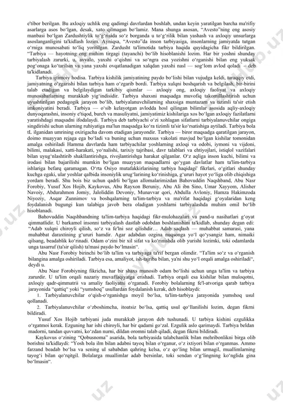 n, yuksak salohiyatga ega bo‘lgan kadrlar hal etadi. yurtimizning kelajagi mamlakatimizning intellektual salohiyatiga, aql-zakovotiga, milliy ta'lim-tarbiya tizimini jahon andazalari asosida takomillashtirishga, uning milliy zaminini mustahkamlashga, kadrlar tayyorlashga bevosita boliq. bu haqda birinchi prezidentimiz i.a.karimov shunday degan edilar: “barchamiz yaxshi anglab olishimiz kerakki, hayotimizning boshqa sohalaridagi ahvol, amalga oshirilayotgan islohotlarimizning samaradorligi, avvalo, xalq ma'naviyatining tiklanishi, boy tarixiy merosimizning keng o‘rganilishi, an'analarimizning saqlanishi madaniyat va san'at, fan va ta'lim rivoji bilan uzviy bogliqdir”[footnoteref:1]. ilm-fan, madaniyat, ma'rifat va milliy tarbiya har qanday mamlakat va xalqni yuksaklikka ko‘taradi, uning taraqqiyotini ta'minlaydi, kelajagini oldindan ko‘rsatib beradi. [1: . i.a.karimov. “ozbekiston xxi asrga intilmoqda” t. 2000 y.] milliy-tarbiyaviy qadriyatlarni tiklash va zamonaviylashtirish umuminsoniy ehtiyoj hamdir. sobiq sho‘rolar davrida ijtimoiy ongda «zamonaviylik - milliylik» tushunchalari orasida «sivilizatsiya - ekzotika» shaklidagi sun'iy antiteza hosil qilindi. natijada milliylikni ajdodlardan avlodlarga boyitib yetkazuvchi jarayon - milliy tarbiyaning tobora zaiflashuvi yuzaga keldi. mafkuraviy maqsadlar ostida rang-barang milliy qadriyatlarni o‘zaro aloqada yuksaltirish …
