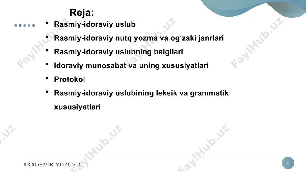 ssional ko'rinishining eng muhim qismini ifodalaydi. akademik yozuv 1 7 idoraviy munosabat va uning xususiyatlari idoraviy munosabatning o'ziga xos xususiyati uning tartibga solinishi, ya'ni belgilangan qoidalar va cheklovlarga bo'ysunishdir. ushbu qoidalar idoraviy munosabatning turi, uning shakli, rasmiyatchilik darajasi va muloqotga kirishuvchilar oldiga qo‘yilgan aniq maqsad va vazifalar bilan belgilanadi. bu qoidalar milliy madaniy an'analar va ijtimoiy xulq-atvor me'yorlari bilan belgilanadi. akademik yozuv 1 8 idoraviy munosabat va uning xususiyatlari ular qayd etiladi, protokol (idoraviy, diplomatik) shaklida tuziladi, ijtimoiy xulq-atvorning umumiy qabul qilingan me'yorlari shaklida, axloqiy talablar shaklida, aloqa vaqtidagi cheklovlar shaklida mavjud. akademik yozuv 1 9 protokоl protokоl (qad.-grek. πρωτόκολλον; ot πρώτος «birinchi» + κόλλα » «kley) boshlang‘ich — biron-bir voqea, dalil yoki kelishuvni belgilovchi hujjat. akademik yozuv 1 10 protokоl idoraviy protokol - ish dunyosidagi munosabatlarning muayyan ssenariyidir. butun idoraviy protokol biznes dunyosida qabul qilingan qoidalar va shartlilik to'plamidir. idoraviy protokol qoidalari mustahkam emas. ular turli xalqlarning urf-odatlari va …
