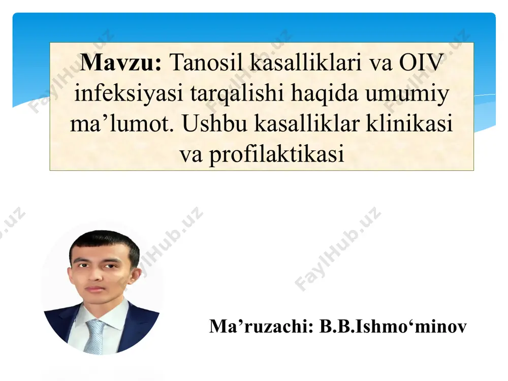 shqa organlarga tarqalishi bilan tarqalgan gonokokk infeksiyasi paydo bo‘ladi. bu bo‘g‘imlarga, teriga, miyaga, yurakka va jigarga ta’sir qiladi 4 gonokokklar ko‘zga tushganda gonokokk konyunktiviti paydo bo‘ladi trihomoniaz (trihomonoz) tanosil kasallik-larining keng tarqal-gan parazitar turi bo‘lib, erkaklar va ayollarga bir xil darajada ta’sir qiladi. qo‘zg‘atuvchisi — trichomonas trihomoniaz (trihomonoz) infeksiya manbai kasal odam yoki trihomoniaz tashuvchisi bo‘ladi. infeksiya jinsiy aloqa orqali sodir bo‘ladi. kundalik vositalar bilan yuqtirish deyarli mumkin emas (misol uchun hovuz, daryo yoki dush orqali). lekin patogen sperma, siydik va suvda 24 soat davomida yashashga yaroqli bo‘ladi. trihomoniazni yuqtirish yo‘llari xlamidiya deb nomlangan patogen keltirib chiqaradigan, jinsiy yo‘l bilan yuqadigan yuqumli kasalliklardan biridir. xlamidioz xlamidioz virus keltirib chiqaradigan kasalliklar ayollarda bartolinit servitsit erkaklarda uretrit prostatit uretrit salpingo-oforit proktit xlamidioz alomatlari (ayollarda) 1 bachadon bo‘yni kanalidan yoki qindan yiringli shilliq oqindi; 2 siydik chiqarganda va qorinning pastki qismida og‘riq; 3 jinsiy aloqadan keyin va hayz davrlari oralig‘idagi qon dog‘lari 4 …