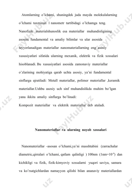 hkil etadi.1-jadvalda bu haqda ma’lumotlar berilgan.kelajakda ularning safi yangi kashf etilgan kosmik elementlar bilan boyitiladi. 1-jadval.yer qobig’i va atmosferada tarqalgan elementlar [1] elementlar yer qobig’idagi massaviy foizi,% kislorod(o) 46,60 kremniy(si) 27,72 alyuminiy(al) 8,13 temir(fe) 5,00 kalsiy(ca) 3,63 natriy(na) 2,83 kaliy(k) 2,70 magniy(mg) 2,09 jami 98,70 gazlar quruq havo hajmdagi foizi,% azot(n2) 78,08 kislorod(o2) 20,95 argon(ar) 0,93 karbonat angidrid(co2) 0,03 jami 99,99 ushbu elementlar va birikmalar asosida turli xil materiallar tabiiy va sintetik jarayonlar vositasida shakllantiriladi.bu sohada yangidan yangi materiallar yaratish borasida uzluksiz ravishda izlanishlar olib boriladi.jumladan mashinasozlik sohasi uchun yuqori haroratlarga chidamli, o’ta mustahkam materiallar yaratish dolzarb bo’lsa, elektrotexnikada esa shu kabi yangi materiallarni yaratilishi yuqori haroratlarda samarali ishlaydigan elektonika qurilmalari va asboblarni ishlab chiqarish yo’naltirilgandir. aviasozlikda materiallarning o’ta mustahkamligi va yengilligi ustuvordir. kimyoviy texnologiya va materiallar muhandisligida ustuvorlik jihati korroziyaga chidamli mahsulotlarni yaratishga qaratilgan bo’ladi. nazorat savollari 2.materialshunoslik predmeti nima? 3.nanomaterialshunoslik nima? 4.zamonaviy materialshunoslik nimalarni o’z ichiga iladi? 5.metall …