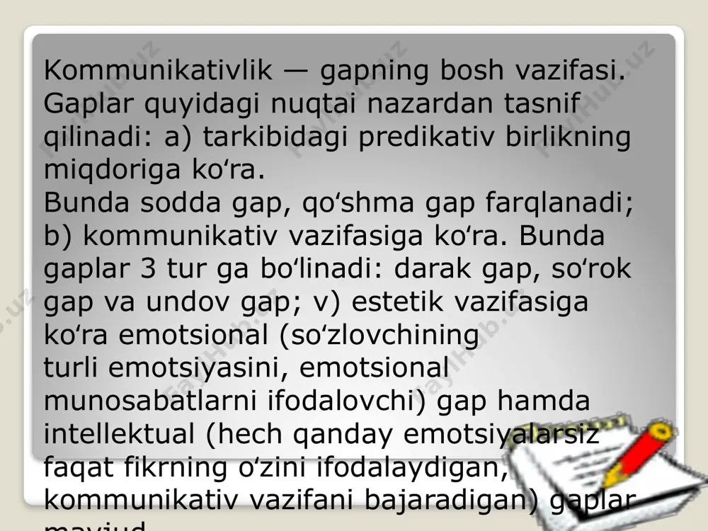 ar) uyushib keladi; b) qo’shma gap qo’shma gapning qurilish materiali bo’lib, uyushib keladi. misollarga murojaat qilaylik: 1. ko’saklar terib olinib, g’o’zapoya yulinsa, erlar bir tekis shudgor qilinsa, yangi molxona ishga tushirilsa, umumaya, mo’ljaldagi ishlar bajarilsa, dam olish hastida o’ylash mumkin. bu qo’shma gap, bizning tahlilimizga ko’ra, besh qismdan iborat: a) ko’saklar terib olinib, g’o’zapoya yulinsa, b) erlar bir tekis shudgor qilinsa; v) yangi molxona ishga tushirilsa-, g) umuman, mo’ljaldagi ishlar bajarilsa-, d) dam olish hastida o’ylash mumkin. shu besh qismning oldingi uchtasi uyushiq qismlar bo’lib, to’rtinchi qism orqali umumlashtiriladi. keyingi — beshinchi qism esa etakchi (bosh) qism bo’lib, umumlashtiruvchi qism, tomonidan izohlanadi. e’tiboringiz uchun rahmat! image3.gif image4.png image5.png image6.png image7.gif image8.png image9.wmf image10.jpeg image11.png image12.jpeg image13.png image14.jpeg