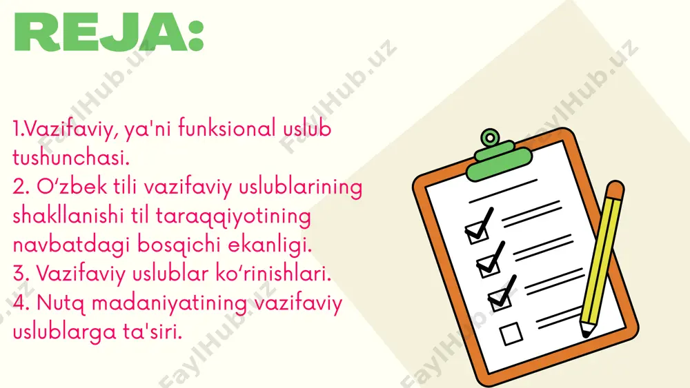 iyki, bunday imkoniyatlar boshqa vazifaviy uslublarda chegaralangan. badiiy uslub so‘zlashuv uslubi kishilarning kundalik rasmiy-norasmiy, erkin muomalalari doirasida til birliklarining o‘ziga xos tarzda amal qilishidir. uni ma'lum ma'noda tildagi boshqa uslublarga qarama-qarshi qo‘yish mumkin. bu uslubning o‘ziga xos xususiyati nutq jarayonida til va tildan tashqari omillarning uyg‘un bo‘lishida ko‘rinadi soʻzlashuv uslubi ayni paytda bu holat so‘zlashuv uslubidagi me'yoriy holatlarnibelgilashni qiyinlashtiradi. chunki tildan foydalanuvchining shaxsi, buning ustiga, nutqiy vaziyat yagona bir me'yorni tayin etishga imkon bermaydi. rahmat image1.png image2.svg image3.jpeg image4.png image5.svg image6.png image7.svg image8.png image9.svg image10.png image11.svg image12.png image13.svg image14.png image15.svg image16.png image17.svg image18.png image19.svg image20.png image21.svg image22.png image23.svg image24.png image25.png image26.png image27.svg image28.png image29.svg image30.png image31.svg image32.png image33.svg /docprops/thumbnail.jpeg