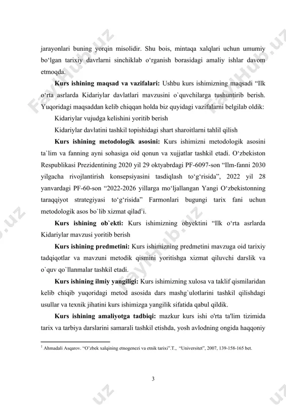 a texnik jihatini kurs ishimizga yangilik sifatida qabul qildik. kurs ishining amaliyotga tadbiqi: mazkur kurs ishi o'rta ta'lim tizimida tarix va tarbiya darslarini samarali tashkil etishda, yosh avlodning ongida haqqoniy tariximiz haqida tasavvur uyg'otishda, tarix fani to'garaklari faoliyatida shuningdek oliy ta'lim tizimida tarix fanini o'qitish metodikasi, ilg'or metodlarni qo'llash kabi mashg'ulotlarda foydalanish mumkin. kurs ishining tuzulishi: kirish qismi, asosiy qismdagi 2 bob va 6 paragraf, xulosa, foydalanilgan adabiyotlar ro'yxatidan iborat. i.bob. ilk o`rta asrlar davri davlatlarining tashkil topishi 1.1. kidariylar davlatining vujudga kelishi kidariylar — kelib chiqishi masalasida har xil taxminlar mavjud. ba'zilar turkiy xalq desa, boshqalari eroniy deb hisoblashadi. kidariylarning birinchi podsholaridan biri kidara i bo`lgan. kidariylar oltoy togʻlari va sharqiy turkiston oraligʻidan janubiy-gʻarbga siljib, 420-yilda bolo (naxshab) shahrini oʻziga qarorgoh qilishgan va xioniylar davlati bilan qoʻshni boʻlib qolganlar. 5-asrning 2-yarmida xioniylar va kidariylar davlati hududini oʻz ichiga olgan yangi bir davlat eftaliylar sulolasi oʻrtaga chiqadi va 6-asr 60-yillarigacha …