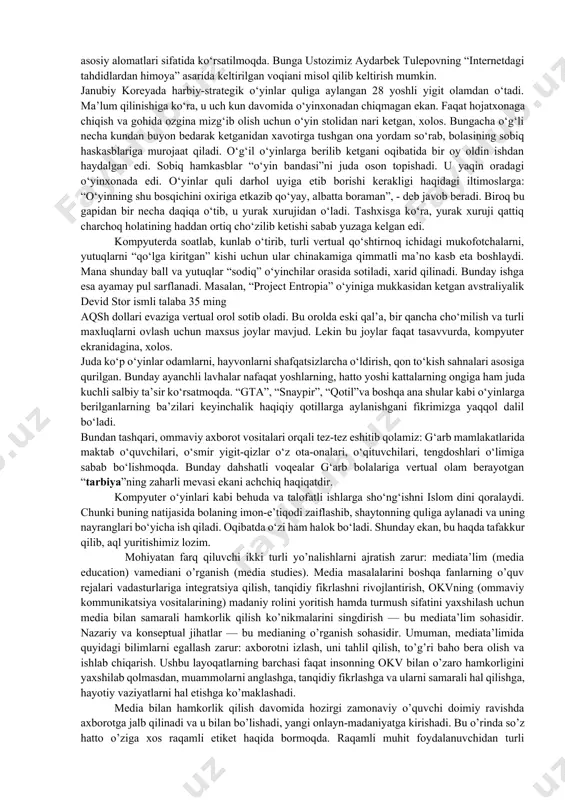 aliga duchor bo‘lishdan asrash uchun barchamiz birdek mas’ulmiz. internet-bu davr talabidir. hozirgi kunda internet hayotimizning bir bo‘lagiga aylangan. internet-bizlar uchun juda ham еngilliklar va qulayliklarga egadir. uzog‘imizni bizga yaqin qiladi va o‘zimiz uchun kerakli barcha ma’lumotlarni internet orqali izlab topmoqdamiz. internetdan qanday foydalanish o‘zimizning qo‘limizda. har bir narsaning o‘ziga yarasha foydasi bo‘lgani kabi, shunga yarasha zarari ham bor. hozirda internetdan hammaham yaxshi maqsadda foydalanmayapti. internetdagi vertual video o‘yinlar yoshlariga o‘z ta’sirini o‘tkazyati. ularning ma’naviy ongiga va ruhiyatiga futur еtkazyapti. bu vertual o‘yinlarni amerika tibbiyot uyushmasi videoo‘yinlarga berilib ketishni rasman aqliy zaiflik kasalliklari qatoriga kiritish niyatida. shifokorlarning fikricha, bu kasallik kuniga ikki soatdan ortiq o‘yin o‘ynaydigan har qanday kishi salomatligiga xavf soladi. bu internetdan ko‘ngilxushlik izlaydiganlarga ham tegishli. kompyuter o‘yinlarining keragidan ortiq mashhur bo‘lib, ommalashib ketgani va yoshlarga salbiy ta’siri tibbiyotchilarni ko‘pdan beri tashvishga solib kelayotgan muammolardan biridir. hozir dunyodagi juda ko‘p mintaqalar, jumladan, yevropa mamlakatlarida internetga asirlik xastaligini davolaydigan maxsus …
