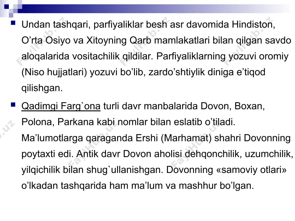 proqqal’a-qadimgi xorazm poytaxti. shahar me’morchiligi: turor joylar, saroy va ibodatxonalar. xorazmda sun’iy sug’orish inshoatlarining rivojlanishi. dehqonchilik va chorvachilik. xunarmandchilik: kulolchilik, to’qimachilik, metallsozlik, zargarlik, ·adimgi xorazm san’ati va madaniyati. monumental haykalsozlik, devoriy suratlar, terrakota haykalchalari. diniy e’tiqod. ko’mish marosimi va ossuariylar. xorazm yozuvi va tangalari. tovar-pul munosabatlari. xorazm va ko’chmanchilar bilan madaniy-xo’jalik va etnik aloqalar.