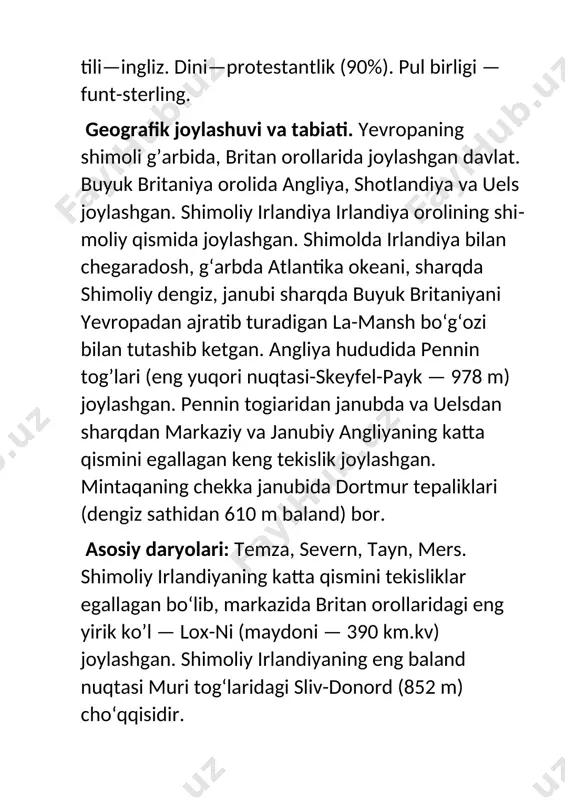 taraqqiy etgan. zamonaviy sanoatning taraqqiyoti yuksak texnologiyalarning taraqqiy etganhgi bilan belgilanadi. buyuk britaniya ilmiy-texnikaviy potensial darajasi bo‘yicha yevropada eng yuqori o‘rinni egallaydi. mamlakat olimlari olgan nobel mukofotlari soni bo‘yicha aqshdan keyin 2-o‘rinni egallaydi. buyuk britaniya mehnat zaxiralarining 12% i moliya sektorida band. london jahon moliya markazi — sayyoramizning moliya poytaxti hisoblanadi. shuningdek, manchester, kardiff, liverpul, edinburg shaharlari ham yirik moliyaviy markazlardir. ahamiyati bo’yicha 2-o‘rinda turadigan soha — turizm. bu sohada mehnatga layoqatli aholining 7%i band bo‘lib, yiliga 8 mlrd dollardan oshiq daromad keltiriladi. london dunyoning yirik turistik markazi hisoblanadi. buyuk britaniyaning qishloq xo‘jaligi oziq-ovqat mahsulotlari bilan o‘z ehtiyojlarining faqat yarminigina qoplaydi. asosiy qishloq xo‘jaligi ekinlari: bug‘doy, tariq, qandlavlagi, arpa. mamlakat chorvachilik sohasiga xxi asr boshlarida tarqalgan epidemiya sezilarli darajada zarar yetkazdi. eksporti: sanoat mahsulotlari, yoqilg‘i, kimyo sanoati mahsulotlari, oziq-ovqat. importi: sanoat mahsulotlari, oziq-ovqat. 2012-yil yim miqdori 2097,9 mlrd aqsh dollarni (aholi jon boshiga — 34,3 ming aqsh doll.) tashkil etgan. …