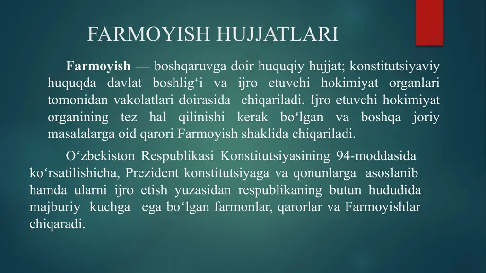 lgisi, familiyasi, ismi; -buyruqqa rozilik bildirgan mutasaddilarning imzolari, familiyasi, ismi (huquqshunos, bosh hisobchi, bosh iqtisodchi, moliya-rejalashtirish bo‘limii boshlig‘i, rahbar o‘rinbosarlari va boshqalar). buyruq namunasi ko‘rsatma xujjatlari ko‘rsatma - aholini ijtimoiy muhofaza qilish organlari tomonidan asosan axborot, uslubiy va tezkor masalalar bo‘yicha, shuningdek ushbu tashkilot yoki yuqori turuvchi organlarning buyruqlari, ko‘rsatmalari va boshqa me’yoriy hujjatlarining bajarilishini tashkil etish bilan bog‘liq masalalar bo‘yicha beriladigan ma’muriy hujjat. ko'rsatma- ushbu ijtimoiy himoya organi va unga bo‘ysunuvchi tarmoq doirasida amal qiladi. ko‘rsatmalarni tayyorlash va bajarish buyruqlarni tayyorlash va bajarish tartibiga o‘xshash tarzda amalga oshiriladi, faqat aniqlovchi qismi "majburiyman", "taklif qilaman" so‘zlari bilan tugaydi. agar yo‘riqnomada faqat bittasini qo‘llash tartibi bo‘yicha tushuntirishlar mavjud bo‘lsa normativ hujjat, keyin "majburiy" va "taklif" so‘zlarini olib tashlash mumkin. bunday holda, ko‘rsatkich sanoatda juda keng qo‘llaniladigan ma’lumot xati shaklini oladi. ko‘rsatma umumiy shaklda chiqariladi. ko‘rsatmalar rahbar va uning birinchi o‘rinbosari tomonidan imzolanadi, boshqa o‘rinbosarlar, agar bu huquq ushbu organning biron bir …