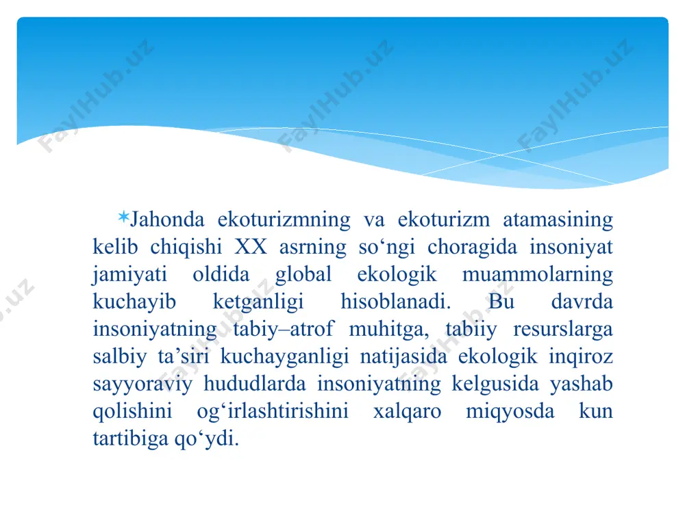 ardan 300 xili ishlab chiqarishda ishlatilmoqda. dunyo bo‘yicha har yili 100 mlrd tonna ruda va mineral yoqilg‘ilar qazib chiqarilmoqda. keyingi 30-yilda insoniyatning butun tarixi davomiga qaraganda ko‘proq rangdor metallar qazib chiqarildi. agar 18- asrgacha 19 xil ximiyaviy elementdan foydalanilgan bo‘lsa, hozirda bu son 100 dan oshib ketdi. hozirgacha 2/3 qism o‘rmonlar yo‘q qilingan. oxirgi 2000 yil ichida 0,5 mlrd. gektar yer xarob qilindi.keyingi 100 yilda dunyoda 67 mln. ga o‘rmon kesilib ketgan.olimlarning hisobiga ko‘ra, oliy tur o‘simliklarning 3 ming turi butunlay yo‘qotilish arafasida. glabal ekologik muammolarning tobora ijtimoiy- iqtisodiy inqiroz holatlarini hosil qilishi jahon hamjamiyati oldiga sayyoramiz miqyosida keskin chora-tadbirlar dasturini ishlab chiqish va amaliyotga tadbiq qilish muammolarini kun tartibiga qo‘ydi. insoniyatning bugungi hayoti va kelgusi avlodlar uchun sayyoramizda saqlanib qolgan tabiiy boyliklarni muhofaza qilishda ilg‘or fikrli olimlarning xulosalari bo‘yicha global inqirozdan chiqish yo‘llaridan eng muhimi- aholida ekologik bilim va madaniyatni shakllantirish deb bildi. butunjahon turizm tashkilotining(btt) va “yashil dunyo” …