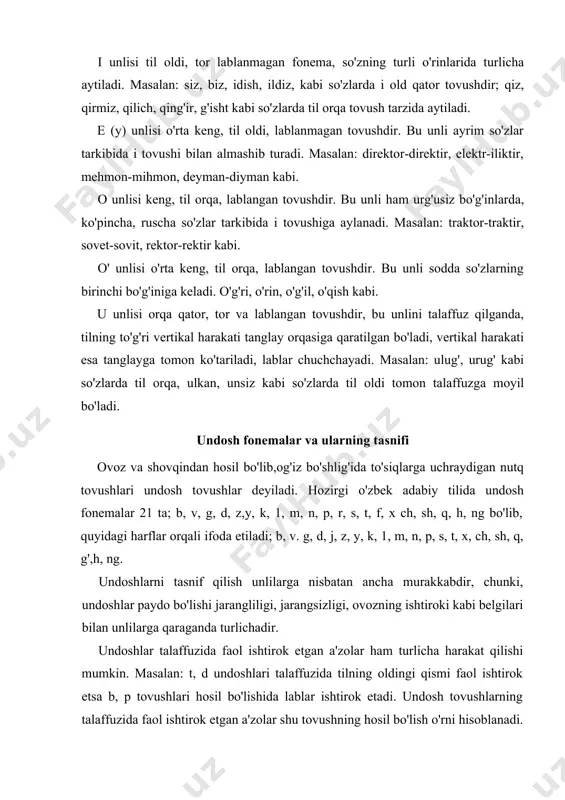 o'siqqa uchrashishiga faqat shovqindan ustunligiga talaffuz usullariga ko'ra bir-birlaridan farqlanadi. 1. ovoz va shovqinning ishtirokiga ko'ra; 2. hosil bo'lish (artikulatsiya) o'rniga ko'ra; 3. hosil bo'lish (artikulatsiya ) usuliga ko'ra; i. undoshlar ovoz va shovqinning ishtirokiga ko'ra ikkiga bo'linadi: a) shovqinlilar; b) sonorlar . shovqinlilar tarkibida shovqinning miqdori ovozga nisbatan ko'proq bo'lgan yoki ovoz qatnashmagan tovushlar b, v, g, d, j, z, y, k, p, s, t, f, x, ch, sh, q, g', h kabi undoshlardir. shovqinli undoshlar ham o'z navbatida ikkiga bo'linadi: 1. jarangli undoshlar: b,v, z, d, j, g, g', y. 2. jarangsiz undoshlar: p, f, s, t, sh, ch, k, q, x, h.undoshlarni jarangli va jarangsizlarga ajratishda quyidagi sabablar nazarda tutiladi: a) jarangli undoshlarni talaffuz etganda, tovush paychalari qatnashib taranglashadi va ular orasidadan o'tayotgan havo oqimi, tovush paychalarini titratadi. jarangsizlami talaffuz qilganda esa ovozdorlik sezilmaydi, chunki, havo oqimi tovush paychalarini titratmaydi va taranglashmaydi; b) jarangli undoshlarni talaffuz qilganda …
