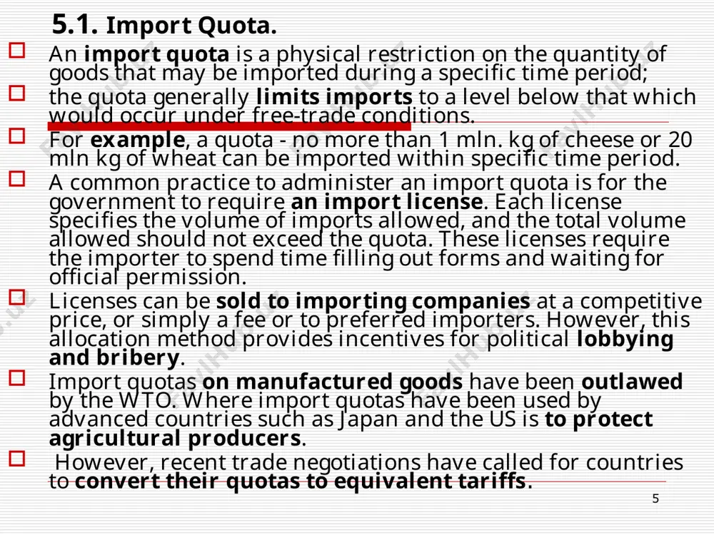 under quotas. * 5.1. import quota. quotas versus tariffs previous analysis suggests that the revenue effect of import quotas differs from that of import tariffs. these two commercial policies can also differ in the impact they have on the volume of trade. the following example illustrates how, during periods of growing demand, an import quota restricts the volume of imports by a greater amount than does an equivalent import tariff. figure 5.3 represents a hypothetical trade situation of the united states in autos. the u.s. supply and demand schedules for autos are given by 5u s.o and du.s. , and 5jo represents the japanese auto supply schedule. suppose the u.s. government has the option of levying a tariff or a quota on auto imports to protect u.s. companies from foreign competition. * 5.1. import quota. in figure 5.3(a), a tariff of $1,000 would raise the price of japanese autos from …