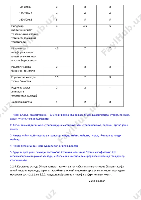 фаси расм 2.2.1. ва 2.2.3. жадвалда кўрсатилган масофага тўғри келиши лозим. 2.2.3. жадвал контакт тармоғидаги кучланиш, кв контакт симининг энг паст холати ва харакат таркибининг тик холатдаги хаво оралиқ габарити а1 мм. иншоатни ерга уланган қисми ва кучланиш остида бўлган контакт тармоғи қисмини тик холатдаги хаво оралиғи а2 мм кучланиш остида бўлган ток қабул қилгич қисми ва иншоатни ерга уланган қисми орасидаги ёнбош хаво оралиғи,а,мм. номинал энг кам рухат этилган номинал энг кам рухат этилган номинал энг кам рухат этилган 27.5 450 375 350 300 350 300 изох: амалдаги суний иншоатларда аж ўзб темир йўлларни рухсати билан энг кам рухсат этилган нормаси қулланилади. 2.2.6. контакт симидан ундан юқори турган суний иншоат ва тутиб турувчи тузилмаларнинг (кўприк, йўл ўтказгичлар, туннел, сигнал кўприги) ерга уланган қисмларига бўлган масофа иккиталик контакт симида 500ммдан, битталигида -650ммдан кам бўлмаслиги лозим. изолятцияланган отбойник ёки кўтарилишини чекловчи ўрнатилганда, масофани қисқаришига рухсат этилади, контакт симини ва ток қабул …