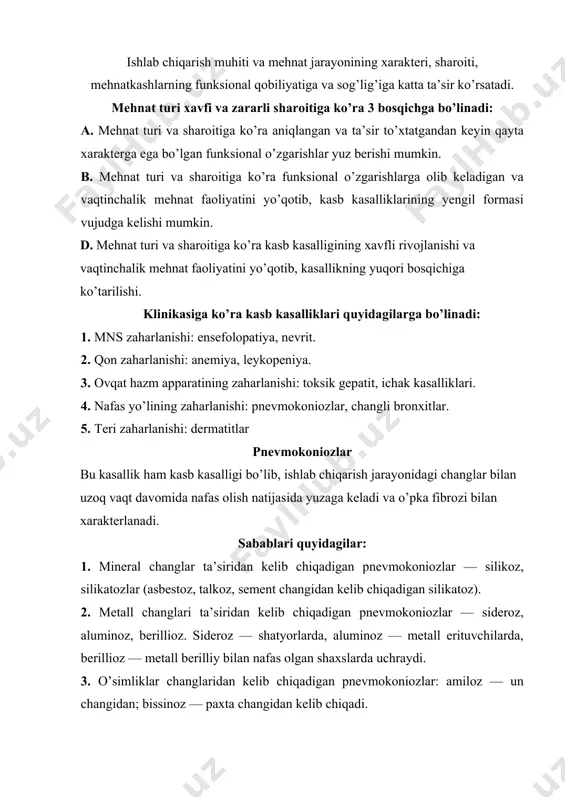 yasi mavjud: — mexanik nazariya; — zaharli kimyoviy nazariya; — biologik; — immunologik nazariya. klinikasi. silikoz kasalligi asta-sekin rivojlanib, bemorni bezovta qilmaydi. ertangi va vaqtinchalik belgisi bu — ko’krak qafasidagi og’riqlar, hansirash va yo’tal. og’riq, asosan, kurak va kurak ostida bo’ladi. bemorlarning limfatik sistemasi orqali o’pkaga chang borganda, plevra bo’shlig’ida o’ramalar hosil bo’ladi, ya’ni (spaykalar). bemorlarda hansirash jismoniy zo’riqish mahalida paydo bo’ladi, keyinchalik hansirash kuchayib, doimiy bo’lib qoladi. perkussiya qilinganida: o’pkalar ustida fibroz o’zgarishlar bor joylarda perkutor tovush bo’g’iq bo’ladi, emfizema bor joylarda esa “quticha tovushi” eshitiladi. auskultatsiyada: nafas susaygan, quruq xirillashlar eshitiladi, plevraning ishqalanish shovqini eshitiladi. agar bemor doimo yo’talib, yiringli balg’am ko’p miqdorda tashlab tursa, bronxoektazlar borligidan dalolat beradi. silikozda o’pka sili avj oladi. rentgenologik tekshirganda: o’pka naqshi quyuqlashib, dog’-dog’ va taram-taram joylari borligini ko’rish mumkin, bu biriktiruvchi to’qima o’sib ketganligidan dalolat beradi. davolash: 1.balg’am ko’chiruvchilar — mukaltin, bromgeksin, altey ildizi damlamasi, termopsis o’ti damlamasi; 2. bronxolitiklar — …