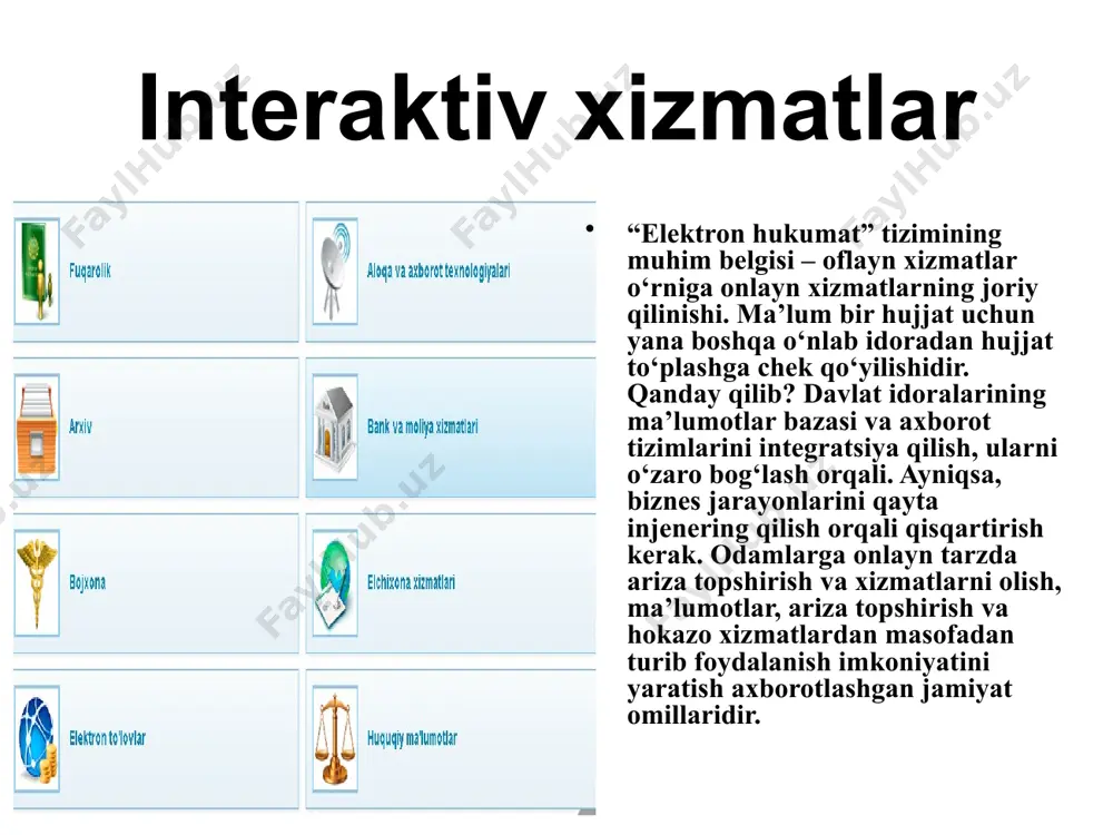 sh ayni muddao hisoblanadi. davlat hokimiyati ichki tarmoqlari boshqaruvi (markaziy hukumat va mahalliy hokimiyatlar, davlat tashkilot va muassasalari o’rtasidagi o’zaro uzviylik) va davlat tashkilot va muassasalarining fuqarolar hamda biznesga ko’rsatadigan xizmatlarining samaradorligini oshirishda axborot kommunikatsiya texnologiyalarining qulayliklari va imkoniyatlaridan foydalanish – zamonaviy ilg’or yo’nalishlardan biri bo’lib, xalqaro leksikonda u «elektron hukumat» (e-government) deb yuritiladi. «elektron hukumat» tushunchasiga nisbatan nufuzli xalqaro tashkilotlarning yondoshuvida, ham umumiylik jihatlari, ham farqlar mavjud. umuman olganda, dunyo mamlakatlarining ko’pchiligida «elektron hukumat» tushunchasi jamoatchilik orasida munozaralarga sabab bo’layotganini ta’kidlash joiz. xususan, «elektron hukumat» so’zining ingliz tilidagi muqobili – «electronic government» so’zi, ko’pchilik o’ylagani singari, hukumat, ya’ni, davlat boshqaruvining, ijro etuvchi markaziy hokimiyati tushunchasinigina taalluqli emas, balki kengroq ma’noda bo’lib, ya’ni, u – davlat boshqaruvi organlarining o’z funksiyalarini amalga oshirishda elektron axborot kommunikatsiya vositalari potensialidan keng foydalanishini nazarda tutadi. shu tufayli, mutaxassislar orasida «elektron hukumat» dan ko’ra, «elektron boshqaruv» tushunchasini kiritish haqida g’oyalar ham mavjud. interaktiv xizmatlar sifatini …