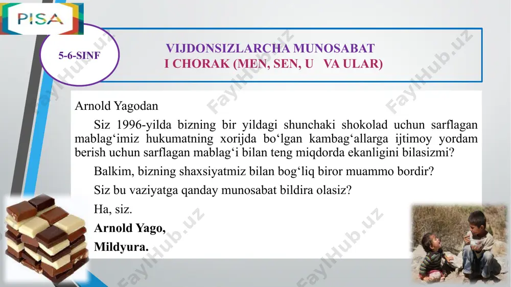 n arnold yagoning fikriga qo‘shilaman. men arnold yagoning fikriga qo‘shilmayman. men uning fikriga qo‘shilaman/men uning fikriga qo‘shilmayman. boshqa javoblar berilgan bo‘lsa yoki topshiriq bajarilmagan bo‘lsa. …savdo markaziga kirish eshigi oldida alenaga “diqqat: chegirmalar!” varaqasi berildi. "diqqat: chegirmalar!" xx asrgacha moda mavsumiy xususiyatga ega emas edi. matolar qimmat, kostyum va liboslar buyurtma asosida tikilar va yillar davomida kiyib yurilar edi. zavodning paydo bo‘lishi kiyim-kechak ishlab chiqarishni yanada osonlashtirdi , «tezkor moda» tushunchasi paydo bo‘ldi. endi har mavsumda bozorda minglab tonna yangi zamonaviy mahsulotlar paydo bo‘ldi. eng yaxshi deb baholangan liboslar ham endilikda bir necha marta kiyiladi, xolos. chunki hozirda moda tez sur’atda yangilanib bormoqda. endilikda kiyim ishlab chiqarishda nafaqat pul, balki boshqa resurslar ham sarflanmoqda. masalan, bitta futbolka ishlab chiqarish uchun 2700 litr suv sarflanadi. agar shunday deb taxmin qilsak, bir kishi kuniga o‘rtacha 3 litr suv sarflashini inobatga oladigan bo‘lsak, bunday miqdordagi suv esa insonning deyarli 2,5 yillik hayoti uchun …