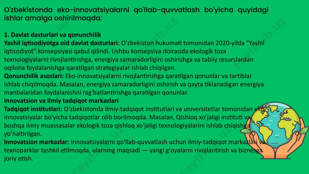 titsiyalar jalb qilishi mumkin. bu tashkilotlar moliyaviy yordam va ekspertiza taqdim etish orqali loyiha muvaffaqiyatini oshiradi va xalqaro tajribalarni o'rganish imkonini beradi. qishloq xo'jaligini modernizatsiya qilish qishloq xo'jaligini modernizatsiya qilish o'zbekiston iqtisodiyotining muhim yo'nalishlaridan biri bo'lib, davlat va xususiy investitsiyalarni jalb qilish orqali amalga oshiriladi. ushbu jarayon qishloq xo'jaligida samaradorlikni oshirish, resurslardan oqilona foydalanishni ta'minlash va barqaror rivojlanishni qo'llab-quvvatlashga yordam beradi. birinchidan, davlat investitsiyalari qishloq xo'jaligini modernizatsiya qilishda asosiy rol o'ynaydi. davlat dasturlari va strategiyalari orqali qishloq xo'jaligida yangi texnologiyalarni joriy etish, ishlab chiqarishni diversifikatsiya qilish va ekologik toza usullarni tatbiq etishga qaratilgan moliyaviy qo'llab-quvvatlash ta'minlanishi lozim. davlat tomonidan qishloq xo'jaligi sohasidagi tadqiqotlar va innovatsiyalarni rivojlantirish uchun grantlar, subsidiyalar va imtiyozli kreditlar ajratilishi mumkin. bu moliyaviy resurslar fermerlarga zamonaviy uskunalar va texnologiyalarni sotib olishda yordam beradi, shuningdek, ularning ishlab chiqarish jarayonlarini yangilashga imkon yaratadi. ikkinchidan, xususiy sektorni jalb qilish ham muhim ahamiyatga ega. xususiy investorlar qishloq xo'jaligini modernizatsiya qilishga qaratilgan …