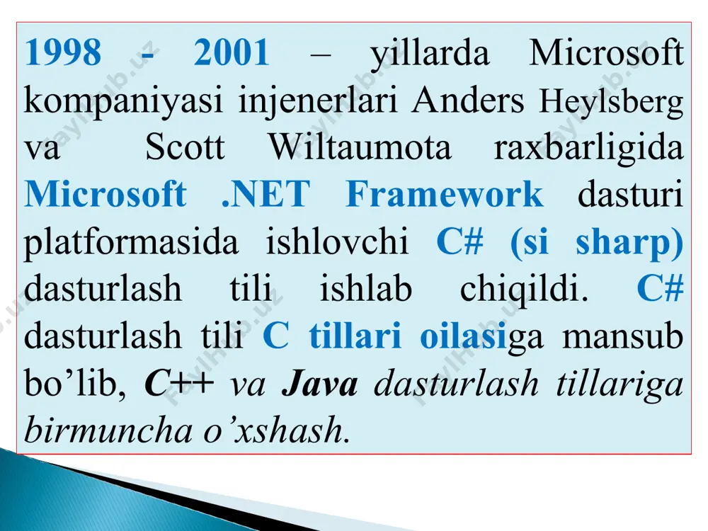 house.area + " m^2"); house.areaperperson(); console.writeline(); console.writeline("binoda bor:\n " + office.floors + " ta qavat\n " + office.occupants + " ishchilar\n " + "1 ta qavatning umumiy maydoni: " + office.area + " m^2"); office.areaperperson(); console.readkey(true); } } class building { public int floors; // qavatlar soni public int area; // binoning umumiy maydoni public int occupants; // yo'lovchilar soni // bir kishiga to'g'ri keladigan maydonni ko'rsating, public void areaperperson() { console.writeline(" bir kishiga " + (area *floors) / occupants +" m^2 maydon to'g'ri keladi");} } } natija: e’tiboringizuchun rahmat.