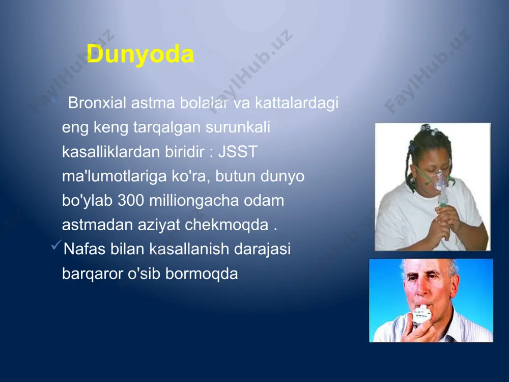 teliyaning shikastlanishi bronxial silliq mushak massasining ko'payishi (giperplaziya ) retikulyar bazal membrananing qalinlashishi ... va uzoq muddatli oqibatlari bousquet j va boshqalar. am j respir crit care med 2000;161:1720 - 1745; gina 2006 (www.ginasthma.org); beckett pa va boshqalar. toraks 2003;58:163 - 174 14 ) ega bo'lgan surunkali kasallikdir . kasallikning qisqa muddatli va uzoq muddatli oqibatlarining sababi surunkali yallig'lanishdir nafas olish yo'llari . (1-4) yallig'lanishning asosiy qisqa muddatli oqibatlari: simptomlarning qayta paydo bo'lishi, bronxial obstruktsiya, kuchayishi va hayot sifatining yomonlashishi . (1,5,6) ammo semptomlardan tashqari, uzoq muddatli yallig'lanish nafas yo'llarida tizimli o'zgarishlarga olib kelishi mumkin, bu esa o'pka funktsiyasining pasayishiga olib kelishi mumkin . (1,4,5,7,8) tadqiqotlarga ko'ra, qayta qurish jarayoni kasallikning eng boshidan, hatto alomatlar paydo bo'lishidan oldin ham rivojlanishi mumkin . (8.9) qayta qurishning asosiy belgilari : ( 1, 5) vaskulyarizatsiyaning kuchayishi (angiogenez) epiteliyaning shikastlanishi bronxial silliq mushak massasining ko'payishi (giperplaziya ) retikulyar bazal membrananing qalinlashishi xalqaro tavsiyalarga ko'ra, …