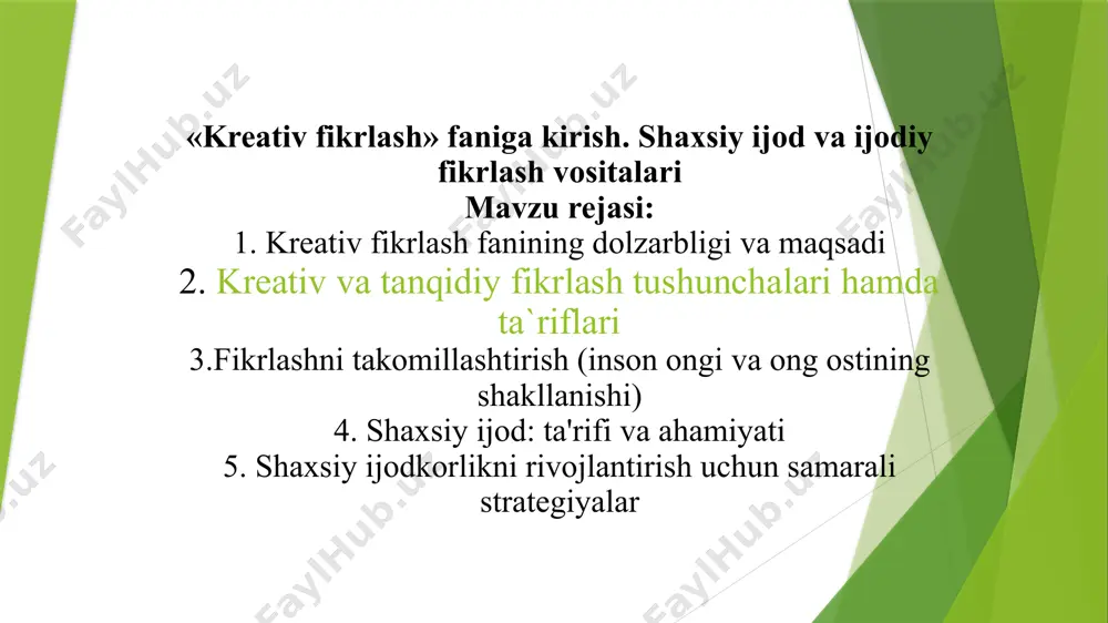 s edison elektr lampasini, leonardo da vinchi parashutni ixtiro qilmagan bo’lar edi. fikrlash - bu haqiqatni aks ettirishning aqliy jarayoni, inson ijodining eng yuqori shakli. ozod kim aytgan bo lishidan qat'iy nazar fikrni himoya qiladi. qul esa nima aytgan bo'lishidan qat'iy nazar shaxsni himoya giladi. baxtli bo'lish uchun uzoqqa ketishning keragi yo'q, o'zingizga kelsangiz bo'idi! kreativlik - bu vazifalarga, kamchiliklarga va bilimlardagi bo'shliqlarga sezgirlik, turli xil ma'lumotlarni birlashtirish istagidir, ijodkorlik elementlarning nomutanosibligi bilan bog'liq muammolarni ochib beradi, ularning yechimini izlaydi yechimlarning mavjudligi haqida taxmin va farazlarni ilgari suradi, ushbu gipotezalarni tekshiradi rad etadi, o'zgartiradi hamda natijani tasdiqlaydi "krealiv fikrlash iborasi ham ishlatiladi. "creative" inglizcha so'z bo' lib yaratmoq, ijod qilmoq degan ma’noni anglatadi va shaxs faoliyatini ifodalaydi. kreativ fikrlash bu innovasion (yangi, novator, original, nostandart, noodatiy va hokazo) va samarali (amaliy, natijaviy, tejamli, optimal va hokazo) yechimlarni topish yangi bilimlarni egallash, tasavvurni ta'sirchan ifodalashga qaratilgan g’oyalarni ishlab chiqish, baholash va …