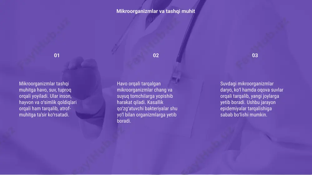 yo‘talganda yoki aksirganda mikroblar havoga tarqaladi. ular nafas orqali boshqa insonlarga yuqishi va epidemiyalar kelib chiqishiga sabab bo‘lishi mumkin. 03 shaxsiy gigiyena qoidalariga rioya qilmaslik mikroorganizmlarning tarqalishiga yordam beradi. qo‘l yuvish, niqob taqish va gigiyenik choralar infektsiyani kamaytirishda muhim ahamiyatga ega. odamlar orqali mikroorganizmlarning tarqalishi mikroorganizmlar turli yo‘llar bilan tashqi muhitga tarqaladi. havo, suv, tuproq va organizm qoldiqlari orqali ular atrof-muhitga yoyilishi mumkin. bu jarayonni nazorat qilish muhim. mikroorganizmlarning nazoratsiz tarqalishi kasalliklarning keng tarqalishiga sabab bo‘lishi mumkin. sanitariya qoidalariga rioya qilish va dezinfeksiya usullaridan foydalanish ularning oldini oladi. to‘g‘ri muhit nazorati mikroblarning ko‘payishini kamaytiradi. havoni filtrlash, suvni tozalash va gigiena qoidalariga rioya qilish samarali himoya usullari hisoblanadi. mikroorganizmlarning tarqalishini nazorat qilish e’tiboringiz uchun rahmat image1.png image2.png image3.png image4.gif image5.png image6.png image11.png