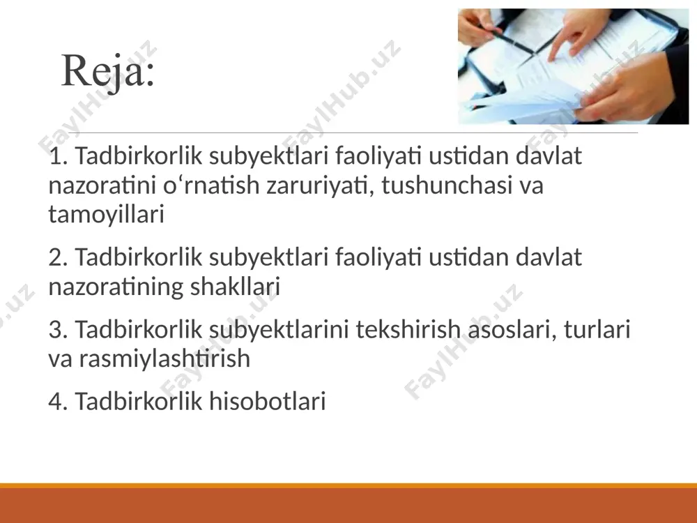 ydi va oʻzini noqonuniy tekshirish dan qayday himoya qiladi? amaliy misol amaliy savollar davlat boshqaruvi davlat iqtisodiyotni toʻgʻridan-toʻgʻri yoki bilvosita boshqarib boradi. maʼmuriy taʼsir: litsenziyalash, soliq, bojxona tariflari orqali taʼsir qilish, kvotalash, tekshirishlar, davlat roʻyxatidan oʻtkazish standartlashtirish, sertifikatlatlash va hk. davlat nazorati davlat nazorati - davlatning iqtisodiyot va tadbirkorlik faoliyatini tartibga solish vositasidir. davlat nazorati davlat organi tomonidan amalga oshiriladi, uni davlat hokimiyatini amalga oshirish shakli sifatida koʻrish mumkin. toʻgʻridan-toʻgʻri davlat nazorati (nazorat predmetiga koʻra): soliq nazorati litsenziyalovchi organ nazorati valyuta nazorati tadbirkorlik subyektlari faoliyati ustidan davlat nazorati tushunchasi, prinsiplari va huquqiy asoslari tadbirkorlik subyektlari faoliyati ustidan davlat nazorati deganda tijorat va notijorat tashkilotlar tomonidan tadbirkorlik faoliyatini amalga oshirishda normativ-huquqiy hujjatlar talabiga rioya qilinishi ustidan tekshirish va kuzatish tizimi tushuniladi. xoʻjalik yurituvchi subyektlar faoliyatini davlat tomonidan nazorat qilishning asosiy prinsiplari quyidagilardan iborat: tadbirkorlik subyekti huquqlarining ustuvorligi, unga muvofiq qonunchilikda tadbirkorlik faoliyatini amalga oshirish bilan bog‘liq holda yuzaga keladigan barcha bartaraf …