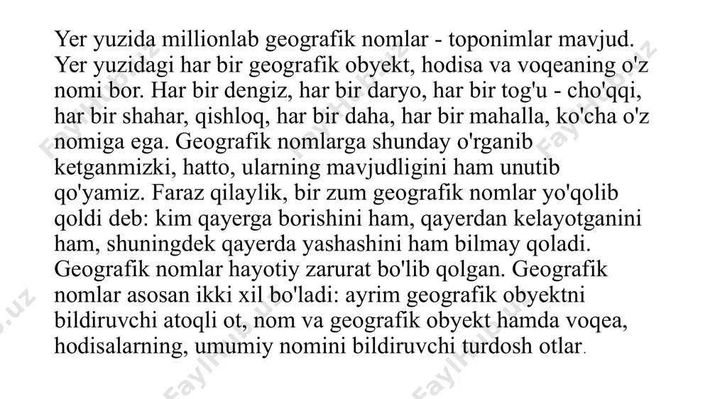 niyati yaratiladi. joy nomlarini o'rganuvchi mutaxassislar toponimistlar deb, terminlarni o'rganuvchi mutaxassislar terminologlar deb ataladi. toponimika va terminshunoslikka oid ma'lumotlar kishilar bilimini juda kengaytiradi hamda madaniy saviyasini o'stiradi. deyarli barcha buyuk kishilar, allomalar toponimika va terminshunoslikka oid ma'lumotlarga juda qiziqqan va o'zlari ham fanning bu sohalari bilan shug'ullanganlar. geografiya darslarida toponimika va terminshunoslikka oid ma'lumotlardan foydalanish o'quvchilarning fanga qiziqishini kuchaytiradi va shu sohada chuqur bilim olishlariga yordam beradi. har bir fanni, shu jumladan toponimikani ham puxta o'rganish uchun uning atama va tushunchalarini bilish zarur. toponimikaning o'ziga xos atama va tushunchalari mavjud. bularning eng muhimlari quyidagilar: abbreviatsiya - geografik nomlarning qisqartirilgan shakli: xxr, aqsh, mar, bam, donbass, kuzbass, rf va boshqalar. antonim nomlar - bir - biriga teskari ma'noli geografik nomlar: oqdaryo - qoradaryo, kungay olatog'i - terskay olatog'i, yuqori chirchiq - quyi chirchiq, oqtog' - qoratog' va boshqalar. antroponim nomlar - kishilarning ismi, familiyasi, taxallusi, laqamidan olingan nomlar: navoiy shahri, beruniy …