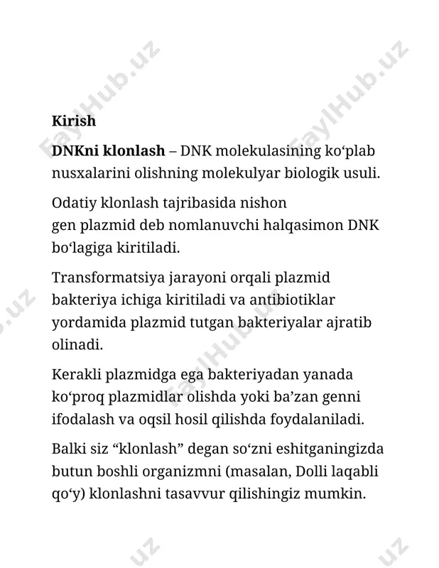nuqtada yoki unga yaqinroq joydan ikkiga boʻladi. restriktaza fermentlarining aksariyati kalta va bir zanjirli kesiklarni hosil qiladi. agar ikkita dnk molekulasining nukleotid ketma-ketligi komplementar boʻlsa, bir-biriga yopishadi. ammo ular birikib, butun dnk molekulasini hosil qila olmaydi. faqat dnk ligaza fermentigina dnk asosidagi tirqishlarni biriktira oladi. restriktaza fermentlari va dnk ligazasining diagrammasini koʻrish bizning klonlashdan maqsadimiz moʻljallangan genni plazmidga kiritish hisoblanadi. restriktaza fermentini eʼtibor bilan tanlab, quyidagilarni kesamiz. yagona kesiluvchi nuqtasi boʻlgan plazmid kesilgan uchlari bor tanlangan gen fragmenti keyin dnk fragmentlarini ligaza fermenti orqali ulaymiz. natijada tanlangan genga ega boʻlgan rekombinant plazmid olamiz. plazmidni uzish va genni ulash oddiy sxemada koʻrsatilgan diagramma. ishni halqasimon bakterial plazmid va tanlangan gendan boshlaymiz. tanlangan genning ikkita uchi restriksion saytlar (muayyan bir restriksion ferment taniydigan dnk ketma-ketligi) hisoblanadi. plazmidda ham oʻsha restriksion ferment taniydigan sayt boʻladi. plazmid ham, tanlangan gen ham alohida restriksion ferment yordamida kesib olinadi. kesilgan fragmentlar tozalanadi va birlashtiriladi. kesilgan fragmentlarda …