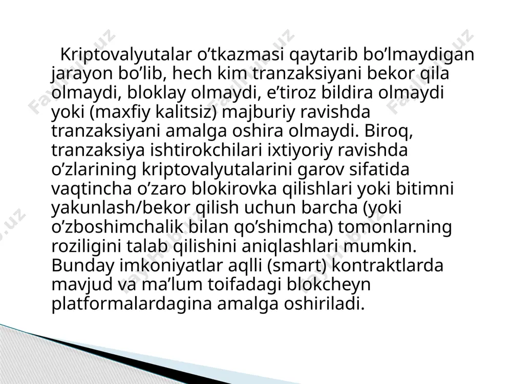 narsani isbotlash va pulni qaytarish mumkin bo’lmaydi. o’zgaruvchanlik. kriptovalyutani oldindan aytib bo’lmaydi, chunki u joriy talabga bog’liq bo’lib, u o’z navbatida qonunchilikdagi o’zgarishlar, joriy fikrlar va boshqa omillar fonida o’zgarishi mumkin. shu sababli virtual pullar narxida tebranishlar mavjud. ta’qiqlash yoki cheklash xavfi. hukumat tuzilmalari kriptovalyutalardan ehtiyot bo’lishadi. ko’pgina mamlakatlar undan foydalanishga cheklovlar qo’ygan va qoidabuzarlar jarimaga tortilishi yoki hatto qamoqqa olinishi mumkin. shu bilan birga, bir qator yevropa davlatlari hali ham bunday pullardan foydalanish bo’yicha murosaga kelish yo’lida baxslashmoqdalar. yo’qolish xavfi. elektron pulga kirish uchun “kalit” – bu maxsus parol. agar uning egasi uni yo’qotib qo’ysa, hamyondagi kriptocoinlarga kirish imkoni bo’lmaydi. kriptovalyutaning salbiy tomonlari e’tiboringiz uchun rahmat image1.jpeg /docprops/thumbnail.jpeg