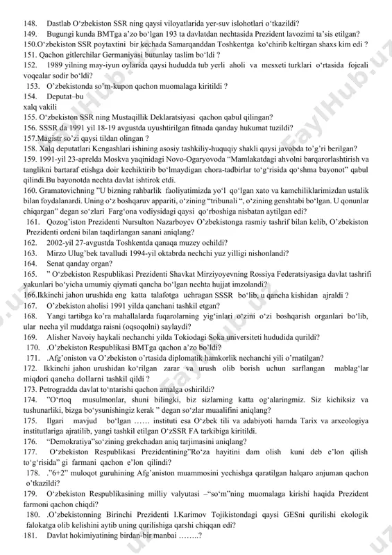 61 yili qaysi shahar vujudga keldi? 94. 2016-yil 4-dekabrda o‘zbekiston konstitutsiyasi va “o‘zbekiston respublikasi prezidenti saylovi to‘g‘risidagi”gi qonunga muvofiq muqobillik va sog‘lom raqobat asosida prezidentlik saylovi o‘tkazildi. unda necha ovoz bilan bosh vazir shavkat mirziyoyev prezident etib saylandi? 95. 1925-1930 yillarda o‘zbekiston ssr ning poytaxti bo‘lgan shaharni aniqlang? 96. “o’zbekistonda koreya bilan hamkorlikdagi nechta korxona faoliyat olib bormoqda? 97. dunyo halqlarining madaniyati, ta’lim va fani borasida erishgan yutuqlarini halqaro miqiyosda targ’ib etuvchi halqaro tashkilot qaysi qatorda to’g’ri ko’rsatilgan? 98. nechanchi yilda o’tkazilgan referendumda prezidentlik lavozimi vakolati 5yildan 7yilga uzaytirildi? 99. 1925–1940-yillar davomida respublikada qurilgan geslar soni qanchga yetdi? 100. nechanchi yildan boshlab shhtning bosh kotibi lavozimi joriy etildi. 101. nechanchi yilgacha parlamentimiz oliy kengash nomi bilan atalib kelingan? 102. fyodor kolesov boshiligidagi qo’shin qachon yangi buxoroga yetib keladi? 103. o‘zbekiston respublikasi va rossiya federatsiyasi o‘rtasidagi davlatlararo munosabatlar to‘g‘risidagi shartnoma qachon imzolangan? 104. toshkentda birinchi bo’lib aqsh elchixonasi qachon ochildi? 105. …