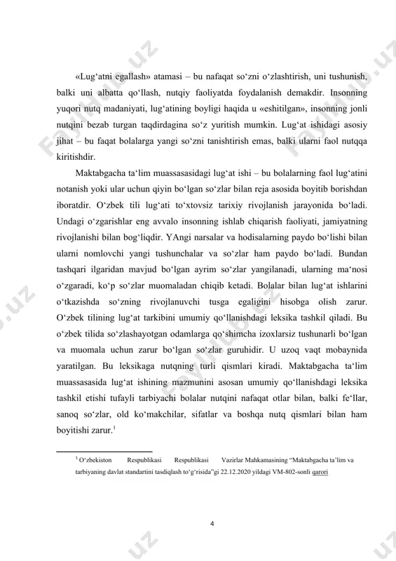 ari (qo‘zim, toychog‘im, ona qizim) bilan ham boyitish darkor, chunki ma‘lum xollarda (qayta hikoya qilish mashg‘ulotlari, ertak to‘qish, sahnalashtirish, o‘yinlar va boshq.) ular bolalar nutqiga kiritish uchun ataylab taklif qilinadi. i.bob. lugʻat bilan ishlash tamoyillari 1.1. taʼlimiy lugʻat yaratish tamoyillari. lug’at – bu ma‘lum bir til so’zlarining muayyan bir maqsad, mavzu ostida jamlangan yig’indisidir. so’zni to’g’ri yozishda, ma‘nosini, etimologiyasini aniqlashda, tarkibini tahlil qilishda, jumla tuzishda, biror tushuncha haqida qo’shimcha ma‘lumot olishda lug’atlar yordamga keladi. lug’atlar o’quvchining fikrlash qobiliyatini kengaytiradi, fanning turli sohalari, texnika, san‘at, adabiyot, nutq madaniyatini egallashda, milliy madaniyatni o’zlashtirishda muhim rol o’ynaydi. taniqli fransuz yozuvchisi a.frans lug’atlar haqida to’xtala turib «…lug’at – alfavit tartibida joylashtirilgan xazina. agar yaxshiroq o’ylab ko’radigan bo’lsak, lug’at – bu kitoblarning kitobi. u boshqa barcha kitoblarga yo’l ochadi…» degan edi. lug’atlar sivilizatsiya yo’ldoshi, milliy til xazinasi hamdir. «har qanday so’z, - yozgan edi xix asr tilshunosi, akademik i.i.sreznevskiy, - xalq o’tmishidan darak beradi. so’zda …