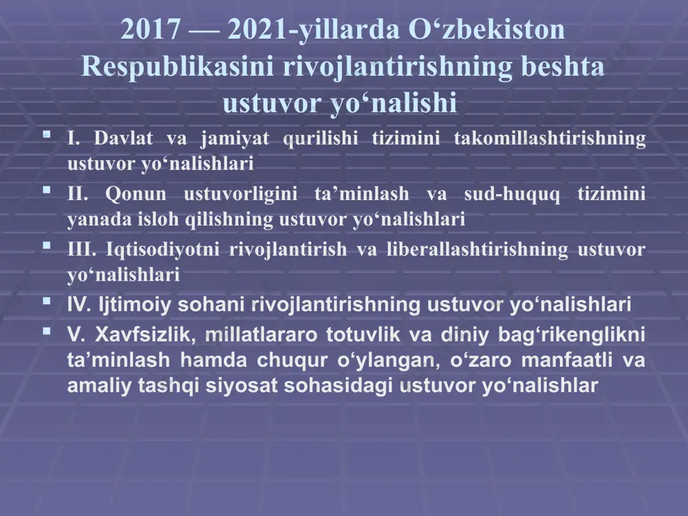 ivojlantirish, ijtimoiy sheriklikning samarasini oshirish; fuqarolik jamiyati institutlarini rivojlantirish, ularning ijtimoiy va siyosiy faolligini oshirish; mahalla institutining jamiyat boshqaruvidagi o‘rni va faoliyati samaradorligini oshirish; ommaviy axborot vositalarining rolini kuchaytirish, jurnalistlarning kasbiy faoliyatini himoya qilish. ii. qonun ustuvorligini ta’minlash va sud-huquq tizimini yanada isloh qilishning ustuvor yo‘nalishlari sudyalar va sud apparati xodimlarining mavqeyini, moddiy rag‘batlantirish va ijtimoiy ta’minot darajasini oshirish, sudlarning moddiy-texnika bazasini mustahkamlash; sudyalarga g‘ayriqonuniy tarzda ta’sir o‘tkazishga yo‘l qo‘ymaslik bo‘yicha ta’sirchan choralar ko‘rish; sudning mustaqilligi va beg‘arazligi, sud protsessida tomonlarining tortishuvi va teng huquqlik tamoyillarini har tomonlama tatbiq etish; sudlarni yanada ixtisoslashtirish, sud apparatini mustahkamlash; sudlar faoliyatiga zamonaviy axborot-kommunikatsiya texnologiyalarini joriy etish. jinoyatchilikka qarshi kurashish va huquqbuzarliklarning oldini olish borasidagi faoliyatni muvofiqlashtirishning samaradorligini oshirish; diniy ekstremizm va terrorizmga, uyushgan jinoyatchilikning boshqa shakllariga qarshi kurashish bo‘yicha tashkiliy-amaliy choralarni kuchaytirish; korrupsiyaga qarshi kurashishning tashkiliy-huquqiy mexanizmlarini takomillashtirish va korrupsiyaga qarshi kurashish tadbirlarining samaradorligini oshirish; advokatura institutini rivojlantirish, jinoyat, fuqarolik, ma’muriy va xo‘jalik …
