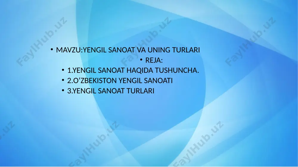 rossiyaning markaziy shaharlaridan olib kelingan, chetga, asosan rossiyaga paxta tolasi, xom ipak, teri va boshqa xom ashyo turlari chiqarilgan. ‹#› oʻzbekistonda yengil sanoat mahsulotlarini sanoat asosida ichki chizimga 19-asrning oxirida, 1874-yilda toshkent shahrida paxta tozalash zavodi qurilishi bilan asos solingan. 20-asr boshlarida yengil sanoat sohasi asosan paxtani qayta ishlash korxonalaridan iborat boʻlib, yalpi sanoat mahsulotining qariyb 4/5 qismi shu sohaga toʻgʻri kelgan. 1920-yillardan paxta tozalash zavodlari, pillakashlik, yigiruv-toʻquv, tikuvchilik, charm-galantereya, poaybzal fabrikalari qurila boshladi, respublikaning oʻzida yetishtirilgan xom ashyodan tayyor mahsulot ichki chizim maqsadlarida mayda tarqoq hunarmandlarni birlash-tirib, sanoat asosi yaratildi. ‹#› ma`lumki, yengil sanoat oziq-ovqat sanoati bilan birga o`zbekiston agrosanoatning uchinchi guruhini tashkil etadi. u, asosan, paxtachilik va pillachilik negizida tarkib topdi. paxta tozalash, to`qimachilik, trikotaj, poyafzal, ko`nchilik, ipak ishlab chiqarish yengil sanoatning muhim tarmoqlari hisoblanadi. paxta tozalash sanoati ishlab chiqarish jarayoni bir-biriga bog`liq bo`lgan paxta tozalash korxonasi, paxta quritish sexlari va transport xo`jaligidan tarkib topadi. u qishloq xo`jalik …