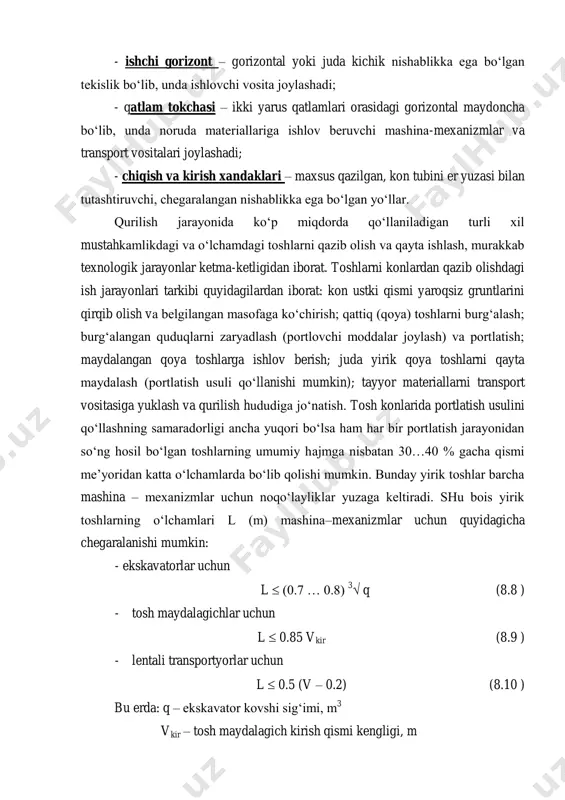 lentali transportyorlar uchun l  0.5 (v – 0.2) (8.10 ) bu erda: q – ekskavator kovshi sig‘imi, m 3 vkir – tosh maydalagich kirish qismi kengligi, m v – transportyor lentasi kengligi, m noruda materiallar konidagi ishlarni tashkiliy jihatdan samarali yo‘lga qo‘yish uchun bir smenadagi ishlov beriladigan zona o‘lchamlarini asosiy mashina–mexanizmlarning bir smenadagi (psm) ish unumdorliklari bilan bog‘lash maqsadga muvofiqdir. agar qurilish jarayonlari uchun noruda materiallarining bir smenadagi ehtiyoj miqdori (wsm) aniq bo‘lsa, konda bir smenada ishlov berilishi kerak bo‘lgan zona uzunligi (lsm) quyidagicha belgilanadi: lsm = wsm /  yoki lsm = psmsm /  (8.11 ) bu erda:  - ishlov beriladigan zona ko‘ndalang kesimi yuzasi, m 2. konlardan qazib olingan noruda materiallarni to‘g‘ridan–to‘g‘ri qurilish ishlarida qo‘llashning imkoniyati yo‘q. ayniqsa ular beton ishlari jarayonlarida qo‘yiladigan bir qator talablarga javob bera olmaydilar. qazib olingan materiallar o‘lchamlari va mustahkamligining juda katta oraliqda o‘zgarishi, tarkibida turli xil mexanik qo‘shimchalarning ko‘p …