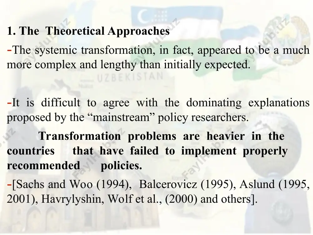 n transition was able to avoid them. the degree of negative effect of traps could be judged by the depth and length of output and income decline. 1. the theoretical approaches it has obtained the most full-fledged forms in countries, which introduced the most radical forms of “shock therapy” with much less prior experience of market reforms: russia and the majority of other nis as well as in less developed cee countries). based on comparative analysis professor y. nishimura (2000), proved the fact that reforms in russia were much more radical, than not only in hungary but poland as well. “the transition had a longer history, the policies for liberalization and macro-economic stabilization implemented more gradually.” 1. the theoretical approaches in the second decade of systemic transformation set of institutions were suggested by different economists. i. iwasaki at that time applied institutional approach to russia-ca economic relations, and to “transition …