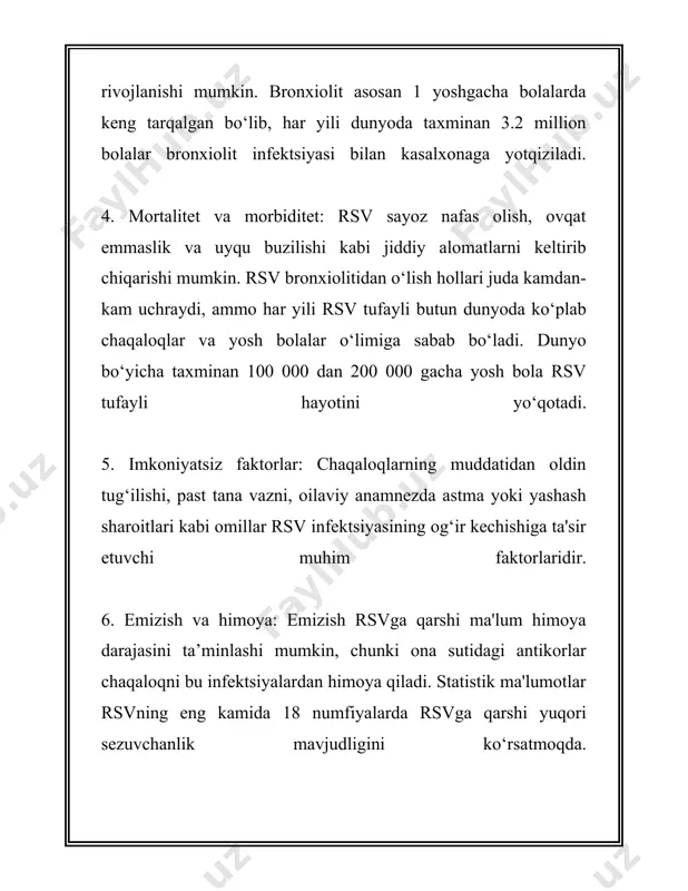 s yo‘llariga ta'sir qiladi, va bu balg‘am ajratilishiga olib kelishi mumkin, bu esa nafas olishni yanada qiyinlashtiradi. 9. **gavda tusi o‘zgarishi**: og‘ir hollarda, ayniqsa kislorod yetishmovchiligi tufayli teri, lablar yoki tirnoqlar ko‘karishi mumkin. bu tez tibbiy aralashuv talab qiladigan jiddiy alomatdir. 10. **dastlabki belgilar sezilarli bo‘lmasligi mumkin**: olti oygacha bo‘lgan chaqaloqlarda rsv infeksiyasining dastlabki belgilarini aniqlash qiyin bo‘lishi mumkin. ko‘pincha, faqat ingichka respirator bezovtalik belgilari paydo bo‘ladi. rsv infeksiyasi alomatlari noto‘g‘ri tan olinishi mumkin, chunki ular umumiy shamollash alomatlariga juda o‘xshashdir. shu sababli, agar chaqalog‘ingizda yuqoridagi kabi alomatlar kuzatilsa, shifokorga murojaat qilish muhimdir. harorat qanchalik ko‘tarilishi, nafas olish qanchalik qiyin bo‘lishi, ovqatlanishdagi qiyinchiliklar va umumiy ahvoliga qarab, yetarli davolanish kerak bo‘lishi mumkin. 3. rsvga qarshi emlash imkoniyatlari respirator sinsitial virus (rsv) - yangi tug'ilgan chaqaloqlar va yosh bolalar orasida keng tarqalgan infektsion kasallik sababchilaridan biri hisoblanadi. bir necha yil davomida bu virusga qarshi emlash imkoniyatlarini yaratish tadqiqotlari olib borildi. quyidagi …