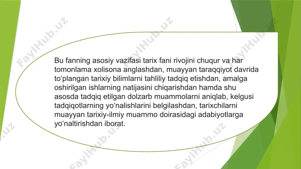t., 1977), mustamlakat totalitar tuzum sharoitida oʻzbekiston tarix fani sohasida xizmat qilgan tarixchilarning hayoti va faoliyati (alimova d. a., rashidova d., mahmudxoʻja behbudiy va uning tarixiy tafakkuri, t., 1999; germanov v. a., istoriki turkestana v usloviyax politicheskogo terrora 20—30x godov, t., 2000; germanov v. a, professor pulat saliyev i yego vremya, t., 2002) asarlarda aks ettirildi; xotinqizlar muammosi tarixshunosligi [alimova d. a., jenskiy vopros v sredney azii: istoriya izucheniya i sovremennie problemoʻ (20—80e gg.), t., 1991]; milliy ozodlik harakatlari, ularning xorijda oʻrganilishi (ziyayeva d. h., turkistonda milliy ozodlik harakati, t., 2000) asarlarda oʻz ifodasini topdi. tarixshunoslik boʻlimi tomonidan oʻtkazish anʼanaviy boʻlib qolgan „tarixshunoslik oʻqishlari“ oʻzbekiston tarix fani sohasida amalga oshirilayotgan ishlarni sarhisob qilib boradi. oʻzbekistonda tarixshunoslik fani ilmiy maktablariga b. v. lunin, g.i.jeltova, f.h.qosimov, r. rajapova, d.a. alimova kabi olimlar tomonidan asos solindi. tarixshunoslik fani doirasida oʻtkaziladigan tadqiqotlar mustaqillik yillarida ancha kengaydi. 5 ta doktorlik, 20 dan ortiq nomzodlik ishlari …