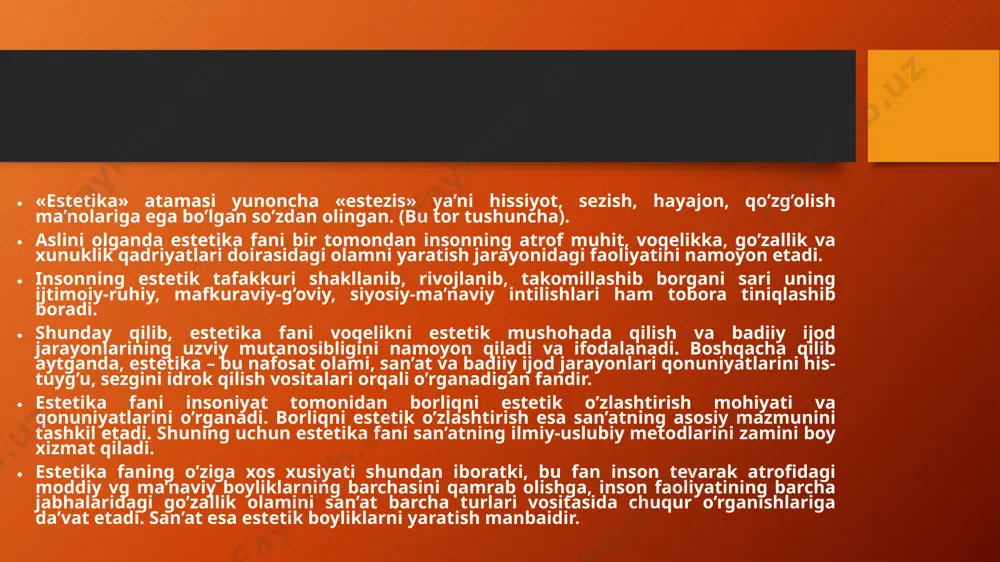 eskilarning o’zgarishi, kishilarning sub’yektiv qobiliyatlari, estetik kechinmalari, didlari va ideallarining doimo o’zgarib turishi estetika predmetining o’zgarib turishiga katta ta’sir ko’rsatdi. estetika so’zi dastlab fanning nomi sifatida 1775 yilda nemis filosofi a. baumgartin tomonidan «poetik asarning ba’zi bir masalalari to’g’risida falsafiy mulohazalar» degan asarida ishlatilgan. bir oz baumgertenni estetika fa nining asoschisi deb hisoblash noto’g’ri bo’lar edi, chunki estetika nazariyalari antik davrdayoq paydo bo’lgan edi. keyinroq estetik fikr o’rta asrlarda renessans davrida kengroq tarqaldi, rivojlandi. xviii asrga kelib estetika falsafiy xarakterdagi mustaqil fan sifatida ish ko’rdi. nemis filosoflari i.kant, v. gegelь estetika faniga «estetik» degan tushunchani kiritdilar. bu yangi tushuncha estetika fanini konkretlashtirdi va chuqurlashtirdi. shundan buyon hamma estetik tushunchalar, masalan, «g°zal», «chiroyli», «olijanob», «fojiali», «hajviy», «satirik», «dramatik», «did» va boshqalar «estetik» degan umumiy asosga ega b°ldilar. bularning har biri o’z navbatida estetik kategoriyalar sifatida namoyon b°ldi. e’tiboringiz uchun rahmat image2.png image3.png image4.jpeg image1.png /docprops/thumbnail.jpeg