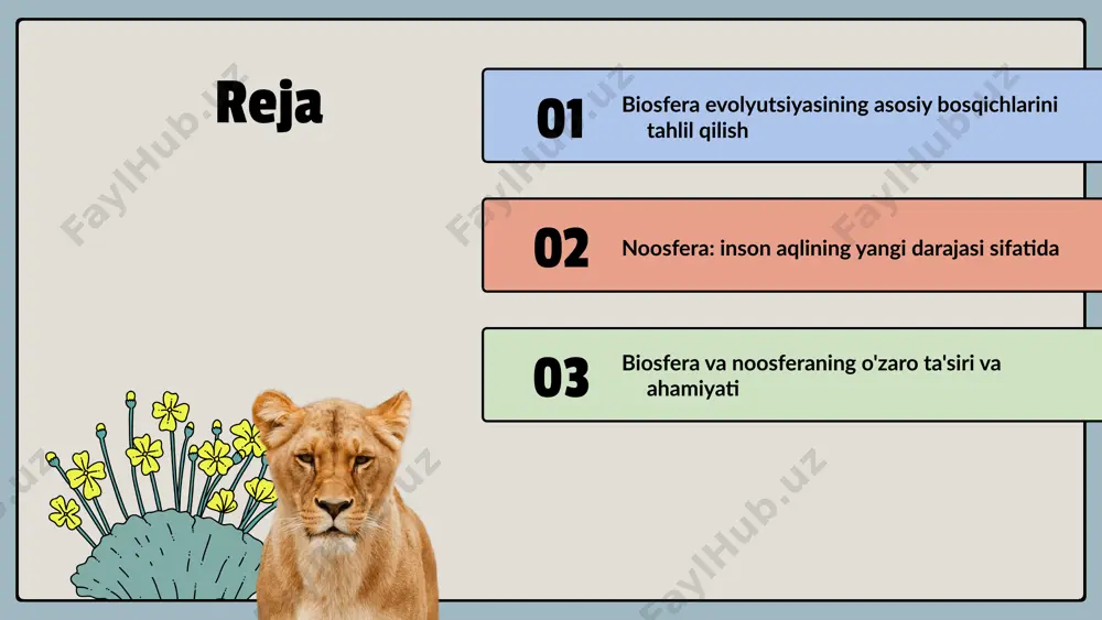 tsion jarayonlarga ta'sir ko'rsatadi. noosfera va uning rivojlanishi noosfera tushunchasi 20-asrning o'rtalarida paydo bo'lib, inson aqlining tabiiy va ijtimoiy jarayonlarga ta'sirini anglatadi. bu bosqich, biosferaning keyingi rivojlanishi sifatida, insoniyatning fikrlash qobiliyatlari va axborot almashinuvi asosida shakllanadi. biosfera va noosfera o'rtasidagi aloqalar juda muhimdir. biosfera yerning jismoniy va biologik hayotini o'z ichiga oladi, noosfera esa insoniy fikr va madaniyatni qamrab oladi. inson aqli ekotizimlarga ta'sir qilib, ularning o'zgarishi va rivojlanishida muhim rol o'ynaydi. noosferaning rivojlanishi siyosiy, iqtisodiy va ekologik jarayonlarga ta'sir ko'rsatadi. insoniyatning bilimlari va tajribalari, tabiiy resurslarni boshqarish va global muammolarni hal qilishda muhim ahamiyatga ega. noosfera, shuningdek, insoniyatning kelajagini belgilovchi muhim faktor hisoblanadi. noosfera insoniyatning aqlini biosfera bilan bog'laydi. photo by polina koroleva on unsplash 01 02 03 biosfera evolyutsiyasi ekologik muvozanatni ta'minlashda muhim rol o'ynaydi. bu jarayon iqlim o'zgarishlari va inson faoliyatining ta'siri bilan doimo o'zgarib turadi. masalan, qishloq xo'jaligi va sanoatning kengayishi ko'plab ekosistemalarga ta'sir ko'rsatmoqda. iqlim …