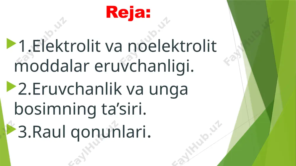 . gazlarning suyuqliklarda eruvchanligi genri qonuniga boʻysunadi. suyuqliklar bir-birida istalgan nisbatda (mas, suv bilan spirt), bir-birida maʼlum chegaragacha erishi (mas, suv bilan fenol) yoki bir-birida erimasligi mumkin (mas, suv bilan simob). genri qonuni oʻzgarmas temperatura va pastroq bosimlarda gazning biron suyuqlikda eruvchanligi shu gazning eritma ustidagi bosimiga toʻgʻri proporsional; bunda gaz eriyotgan suyuqlikka nisbatan ogʻirlik konsentratsiyasida ifodalanadi. bu qonunni ingliz olimi u. genri yaratgan (1803). raul qonunlari raul qonunlari —1882—1888 yillarda f.m.raul tomonidan kashf etilgan. eritma ustidagi erituvchining toʻyingan bugʻ bosimi bilan eritmaning tarkibi orasidagi bogʻlanishni ifodalovchi qonunlar. raul eritma bugʻ bosimining sof erituvchi bugʻ bosimiga qaraganda past boʻlishidan foydalanib bir nechta qonunlar kashf etdi. eritma bugʻ bosimining pasayishi sababli eritmaning muzlash temperaturasi sof erituvchining muzlash temperaturasidan past boʻladi, uning qaynash temperaturasi esa sof erituvchinikidan yuqori boʻladi. bu kattalik erituvchining tegishlicha krioskopik yoki ebulioskopik konstantasi deb ataladi. raul qonunlariiga asoslanib erituvchida erigan moddalarning mol miqdorini aniqlanadi. erituvchi muzlash temperaturasining pasayishiga …