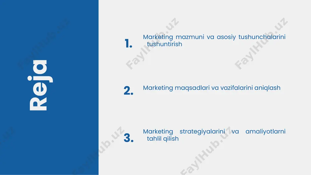 on) elementlaridan iborat. bu elementlar bozorda muvaffaqiyat uchun muhim bo'lib, har biri o'zining o'rni va roli bilan ajralib turadi. marketing aralashmasi: 4p modeli har bir elementning o'ziga xos roli mavjud: mahsulot sifat va innovatsiya bilan ajralib turishi, narx raqobatbardosh va foydali bo'lishi, joy keng tarqalgan va qulay bo'lishi, reklama esa brendni tanitish va mijozlarni jalb qilish uchun muhimdir. elementlarning roli va ahamiyati marketing aralashmasini samarali boshqarish uchun har bir elementni muvofiqlashtirish, bozor sharoitlariga moslashtirish va strategik reja asosida harakat qilish zarur. bu, mijozlar ehtiyojlariga javob berish va raqobatda ustunlikka erishish uchun muhimdir. samarali boshqarish usullari marketing tushunchalarini amaliyotda qo'llash marketingni amaliyotda qo'llash uchun strategiyalar va metodlarni ishlab chiqish muhim. masalan, bo'limlash va moslashtirilgan takliflar yaratish. moslashtirilgan marketing kampaniyalari muhim. masalan, coca-cola ning yoshlar yozgi kampaniyasi muvaffaqiyatli misol bo'la oladi. kelajakda marketing digital, ai va ma'lumot tahlili yordamida shaxsiylashtirilgan takliflar bilan rivojlanadi. raqobatchilarni tahlil qilish va bozor o'zgarishlariga moslashish uzoq muddatli …