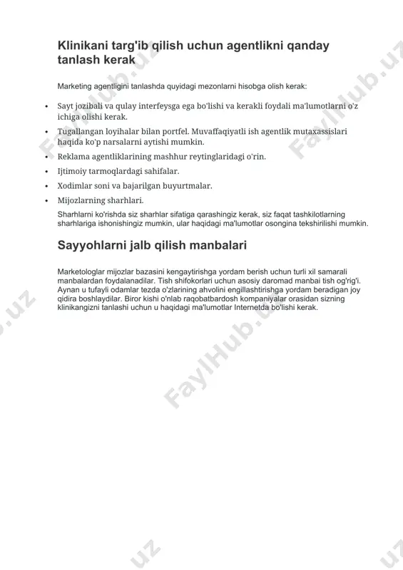 internetda bo'lishi kerak. veb-sayt tahlilchilarning fikricha, bugungi kunda odamlarning 90% dan ortig'i internetda kerakli xizmatlar haqida ma'lumot izlamoqda. "og'zaki so'z" uzoq vaqtdan beri fonga o'tib, mijozlar so'rovlarining taxminan 5 foizini ta'minlaydi. moslashuvchan, ishlatish uchun qulay, bemorlar uchun foydali bo'lgan materiallarni o'z ichiga olgan sayt stomatologiya haqida gapirish uchun jozibali bo'lishi mumkin. saytni yaratish malakali mutaxassislar tomonidan amalga oshirilishi muhim, ular hatto rivojlanish bosqichida ham uning kelajakdagi qidiruv tizimlarida reklama qilinishini hisobga olishlari kerak. stomatologiya uchun veb-saytni ishlab chiqish narxi 50 ming rubldan boshlanadi. bunga ko'p pul tejamaslik kerak, chunki kelajakda bu sizning tibbiy markazingiz eng yaxshi qidiruv tizimlariga kirishini ta'minlaydi va kontekstli reklama uchun ko'p pul sarflamaslikka imkon beradi. agregator saytlari yoki tibbiy portallar bilan hamkorlik yaxshi klinika yoki shifokor qidirayotgan foydalanuvchilar bunday saytlarga tashrif buyurishni xohlashadi. ushbu turdagi marketingning asosiy afzalligi qidiruv natijalarining yuqori qatorlarida bunday portallarni topishdir. shunday qilib, stomatologiya haqida ma'lumotlarni joylashtirish bemorlarning qo'shimcha oqimini ta'minlaydi va …