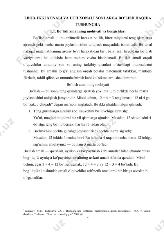 i nechta guruhga joylashtirish (nechta marta sig’adi): masalan, 12 ichida 4 nechta bor? bu holatda 4 raqami necha marta 12 ichiga sig’ishini aniqlaymiz — bu ham 3 marta bo’ladi. bo’lish amali — qo’shish, ayirish va ko’paytirish kabi amallar bilan chambarchas bog’liq. u ayniqsa ko’paytirish amalining teskari amali sifatida qaraladi. misol uchun, agar 3 × 4 = 12 bo’lsa, demak, 12 ÷ 4 = 3 va 12 ÷ 3 = 4 bo’ladi. bu bog’liqlikni tushunish orqali o’quvchilar arifmetik amallarni bir-biriga asoslanib o’rganadilar. bo’lish amalining bosqichlari bo’lish amalini o’rgatish jarayoni ma’lum metodik ketma-ketlikni talab qiladi. bu bosqichlar o’quvchilarning yosh xususiyatlari va mavzuni qanchalik o’zlashtirganligiga qarab, bosqichma-bosqich takomillashtirib boriladi. 1. tayyorlov bosqichi (bo’lishga tayyorgarlik) ushbu bosqichda o’quvchilarga teng guruhlarga ajratish tushunchasi tanishtiriladi. bu uchun ko’rgazmali vositalardan (masalan: donachalar, qalamlar, rasmli kartochkalar) foydalaniladi. bolalar har xil predmetlarni teng guruhlarga bo’lib, sonlar bilan ifodalaydi. bu ularning amaliy tushunchasini mustahkamlaydi. misollar: · 8 qalamni har biri …