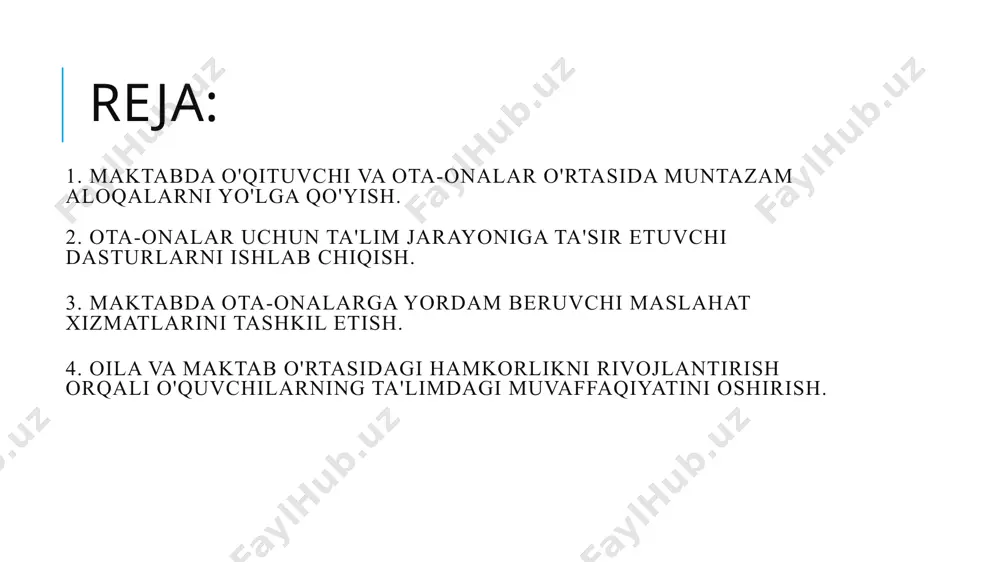 atib, ota-onalarga muntazam ravishda yuborishlari mumkin. bu orqali ota-onalar maktabdagi voqealardan xabardor bo'lishadi va o'z farzandlarining ta'lim jarayonidagi ishtirokini kuzatishlari mumkin. telefon orqali aloqalar: ba'zan telefon orqali aloqalar ham juda samarali bo'lishi mumkin. o'qituvchilar ota-onalar bilan telefon orqali bog'lanib, farzandlarining o'qishdagi muvaffaqiyatlarini yoki muammolarini muhokama qilishlari mumkin. bu, ayniqsa, aniq va tezkor aloqa talab qiladigan holatlarda foydalidir. ota-onalar uchun ochiq eshiklar kuni: maktabda "ochiq eshiklar kuni" tashkil etish, ota-onalarga o'z farzandlarini darsda kuzatish va ularning o'qish jarayonini to'g'ridan-to'g'ri ko'rish imkoniyatini beradi. bu, o'qituvchi va ota-onalar o'rtasidagi ishonchni oshiradi va o'quvchilarning ta'lim jarayoniga yanada samarali tarzda yondashishga yordam beradi. muntazam baholash va fikr-mulohazalar: o'qituvchilar ota-onalarga o'z farzandlarining rivojlanishi haqida doimiy ravishda fikr va mulohazalar taqdim etib, ular bilan birgalikda kelajakda qanday chora-tadbirlarni ko'rish mumkinligini muhokama qilishlari kerak. bu yondashuv o'qituvchilar va ota-onalar o'rtasida o'zaro hamkorlikni kuchaytiradi. 2. ota-onalar uchun ta'lim jarayoniga ta'sir etuvchi dasturlarni ishlab chiqish. ota-onalar uchun ta'lim jarayoniga ta'sir …