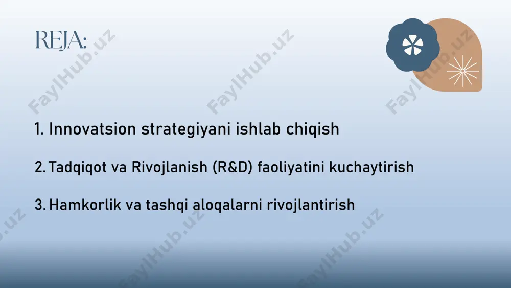 ni erkin ifodalash imkoniyatini yaratish. innovatsiya muvaffaqiyatli bo‘lishi uchun tadqiqot va rivojlanish bo‘limi juda muhim ahamiyatga ega. bu bo‘lim quyidagi yo‘nalishlarda faoliyat yuritishi kerak innovatsion to‘qimachilik materiallari: yangi materiallar ishlab chiqish, masalan, nanoteknologiyalar yordamida mustahkam va yengil to‘qimachilik mahsulotlari, shuningdek, turli iqlim sharoitlariga moslashtirilgan materiallar. bunga, masalan, issiqlikni saqlovchi, namlikni tezda so‘ndirish yoki nafas oladigan materiallar kiradi. texnologik to‘qimachilik bo‘yoqlari: to‘qimachilik mahsulotlarini ekologik jihatdan xavfsiz, uzoq muddat ta'sir ko‘rsatuvchi va turli shart-sharoitlarga mos bo‘ladigan bo‘yoqlar bilan bo‘yash. shuningdek, bo‘yoqlarni qayta ishlash imkoniyatlarini ham yaratish. inovatsion iplar va matolar: masalan, ilg‘or iplarni ishlab chiqish, masalan, anti-bakterial yoki uv himoya qiluvchi iplar, shuningdek, modifikatsiyalangan to‘qimachilik matolarini yaratish (masalan, jismoniy faoliyat uchun maxsus matolar). barqarorlik va ekologik jihatdan toza mahsulotlar ishlab chiqish va ishlab chiqarish jarayonlarida quyidagi amaliyotlarni amalga oshirish zarur: ekologik toza materiallar: tabiiy va qayta ishlanadigan materiallar asosida yangi mahsulotlar ishlab chiqish. misol uchun, organik paxta, bambuk yoki qayta ishlangan plastiklardan …