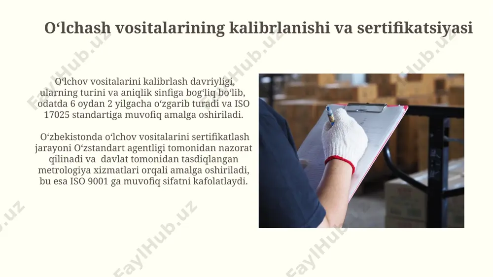 i yordamida, ishlab chiqarish jarayonidagi xatoliklar sonini 15% ga kamaytirish mumkin. mahsulot sifatini taʼminlashdagi metrologiyaning roli mahsulot ishlab chiqarish jarayonida metrologik nazoratni o‘tkazish, standartlarga mos kelmaslik ehtimolini 5% gacha kamaytirib, sifatni yaxshilaydi va chiqindilarni minimallashtiradi. metrologik jihozlar kalibrlanishi va sertifikatlanishi mahsulot sifati monitoringi aniqligi va ishonchliligini ta’minlaydi, shu bilan birga, iso 9001 standartiga mos kelishini kafolatlaydi. zamonaviy metrologiya vositalari va texnologiyalari 3d skanerlash va raqamli tasvirlash texnologiyalari murakkab geometrik shakllarni o'lchashda 1000 dan ortiq nuqtadan ma'lumotlarni bir zumda olish imkonini beradi. zamonaviy metrologiya vositalari yuqori aniqlikdagi o'lchovlarni, masalan, ±0,1 mikrometrgacha aniqlikni ta'minlaydi va avtomatlashtirilgan ma'lumotlarni qayta ishlashni qo'llab-quvvatlaydi. e'tiboringiz uchun rahmat @taqdimot_robot image2.jpg image3.jpg image4.jpg image5.jpg image6.jpg image7.jpg image8.jpg image9.jpg image10.jpg image11.jpg image12.jpg image13.jpg